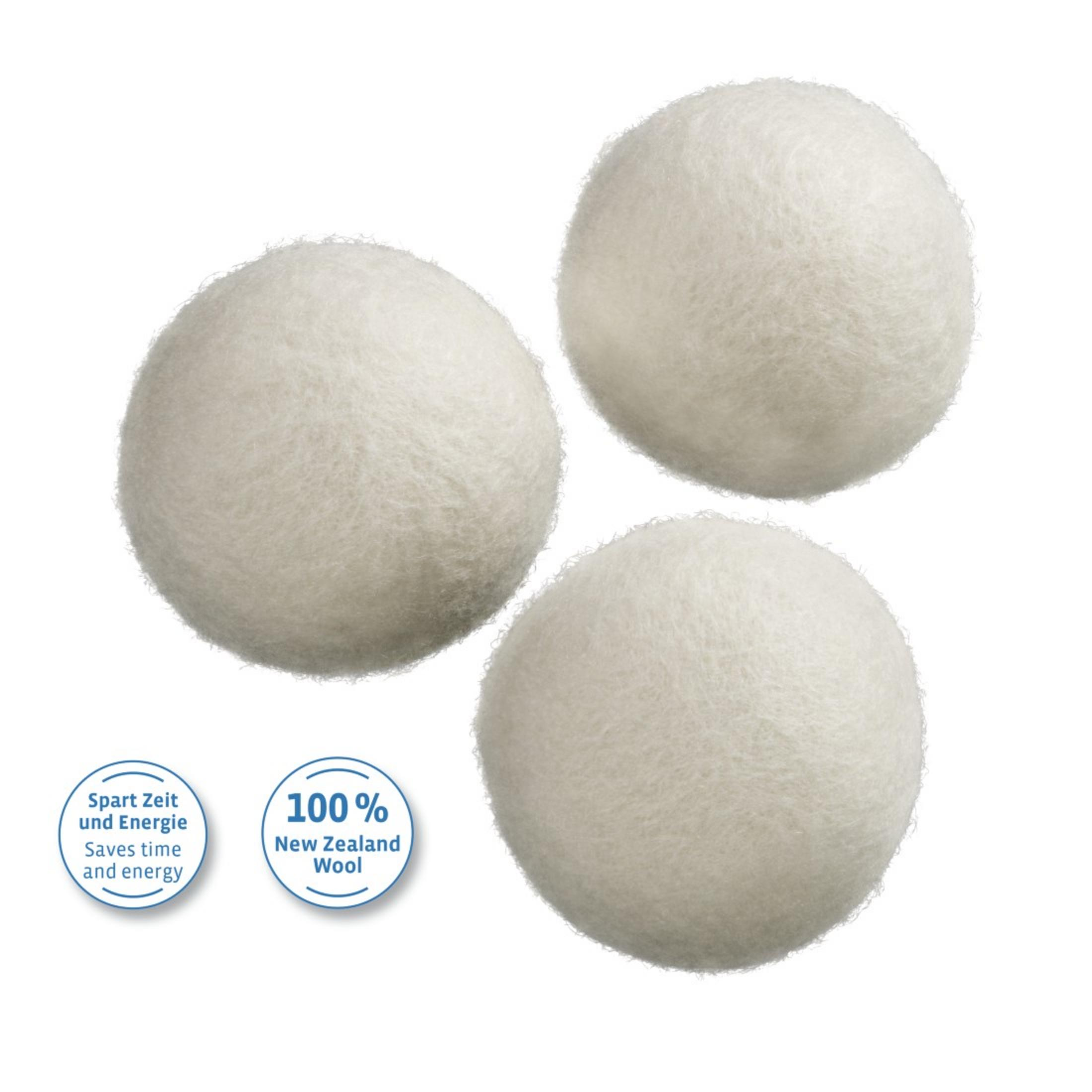 Tre palline di lana bianche per asciugatrice, testo blu e bianco sullo sfondo.