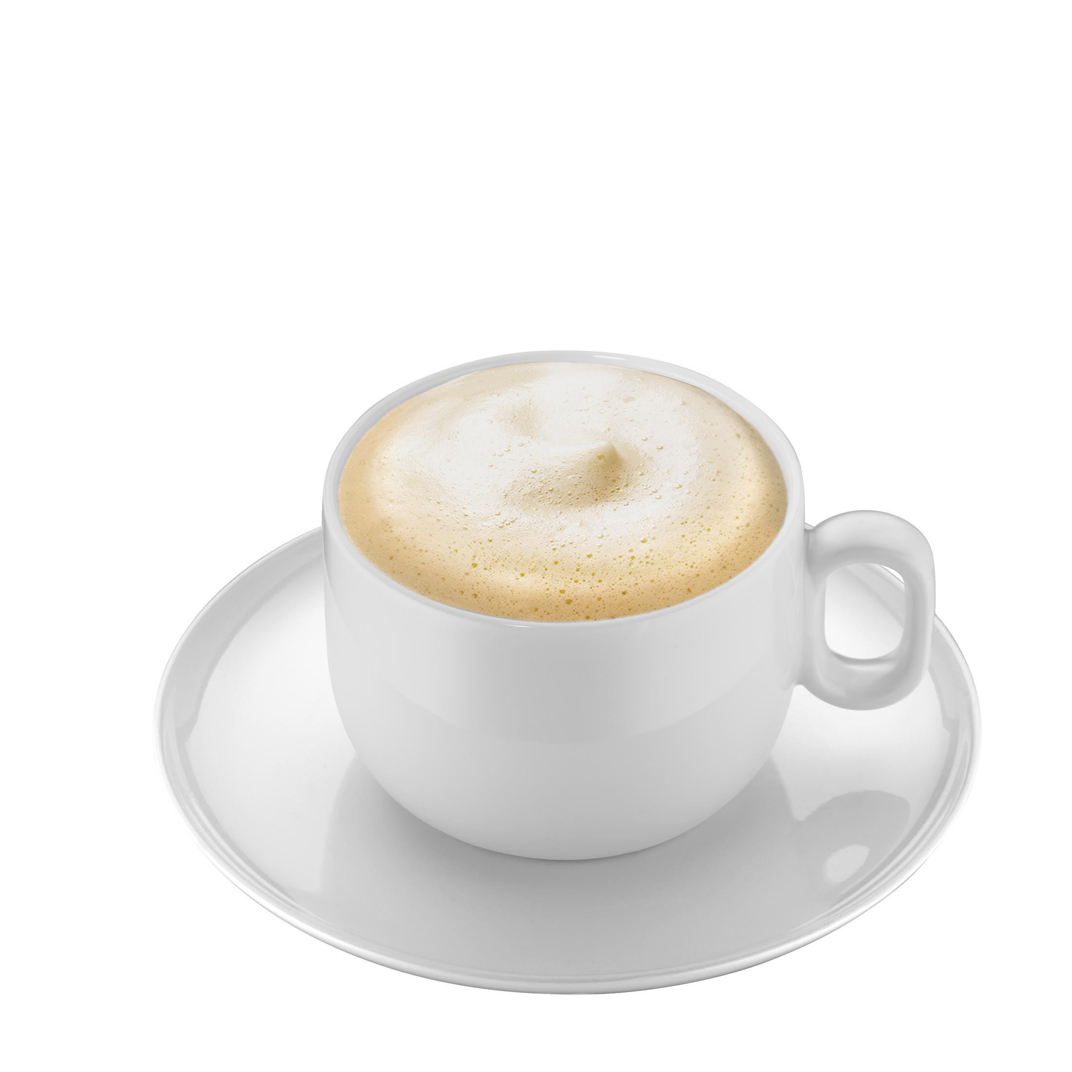 Eine weiße Tasse Cappuccino auf einer weißen Untertasse, auf weißem Hintergrund.