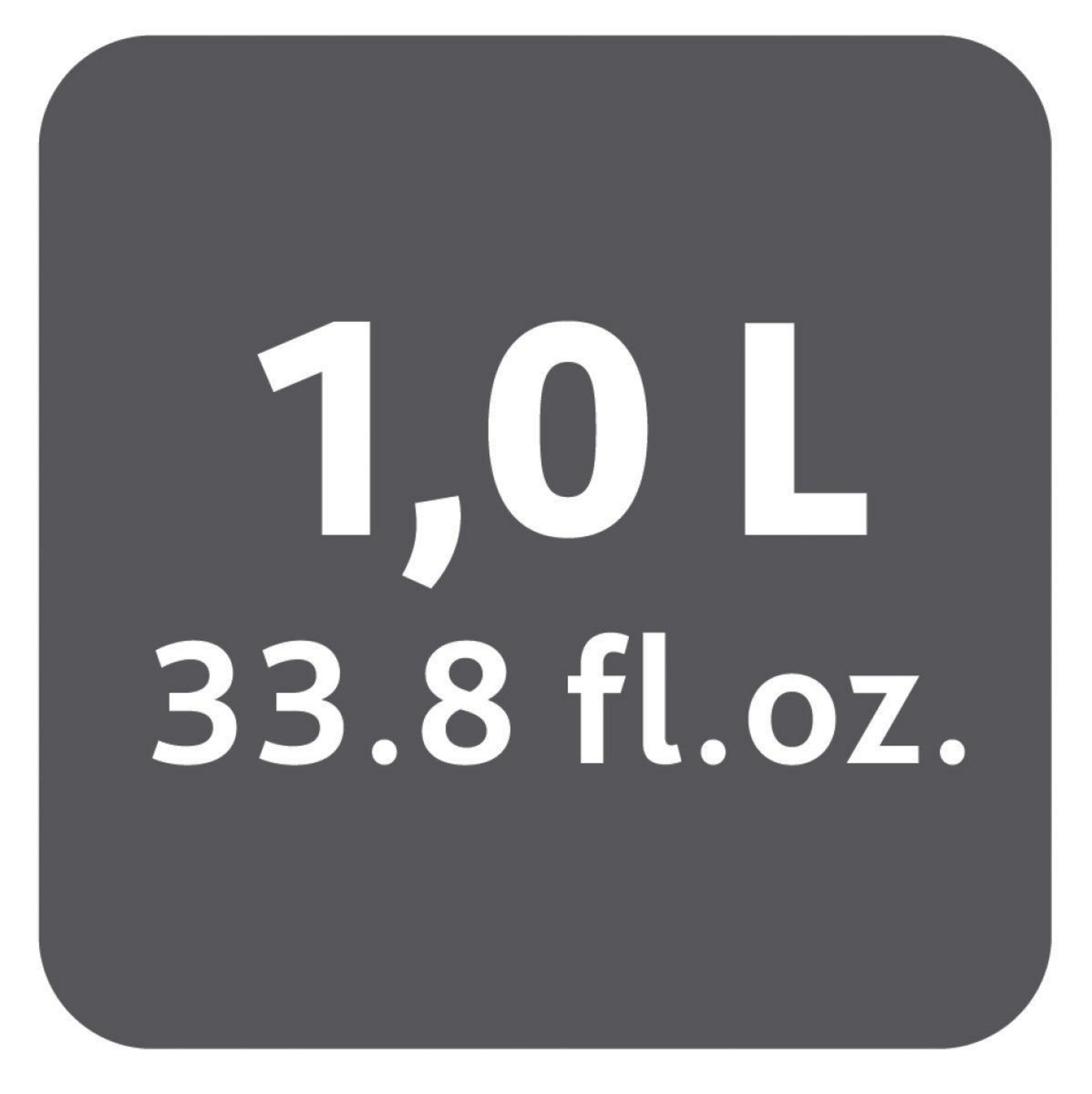 Grauer Behälter mit weißem Text: 1,0 L und 33,8 fl.oz. auf grauem Hintergrund.