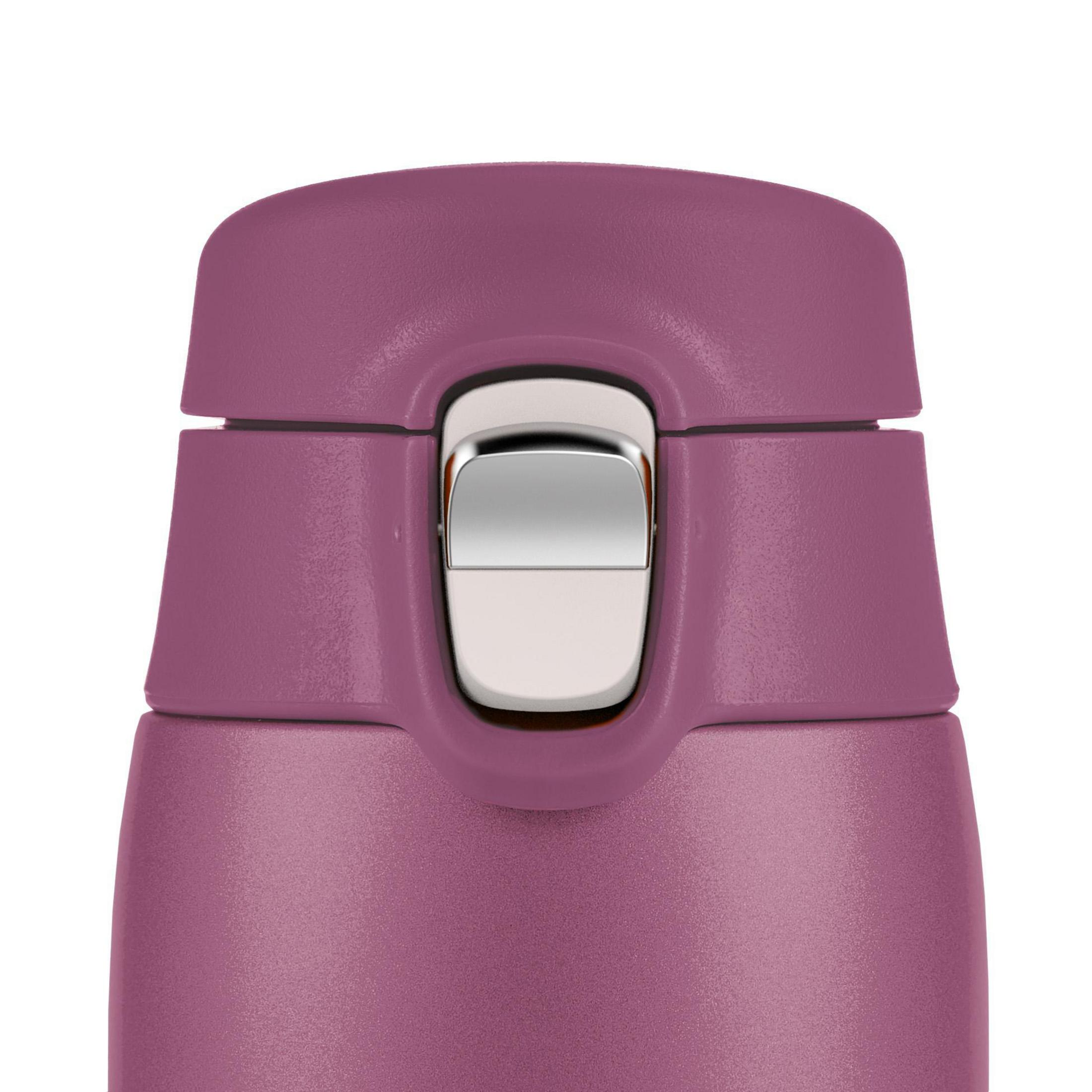 Oberteil einer lila Thermosflasche. Silberner Knopf und lila Deckel. Metallflasche.