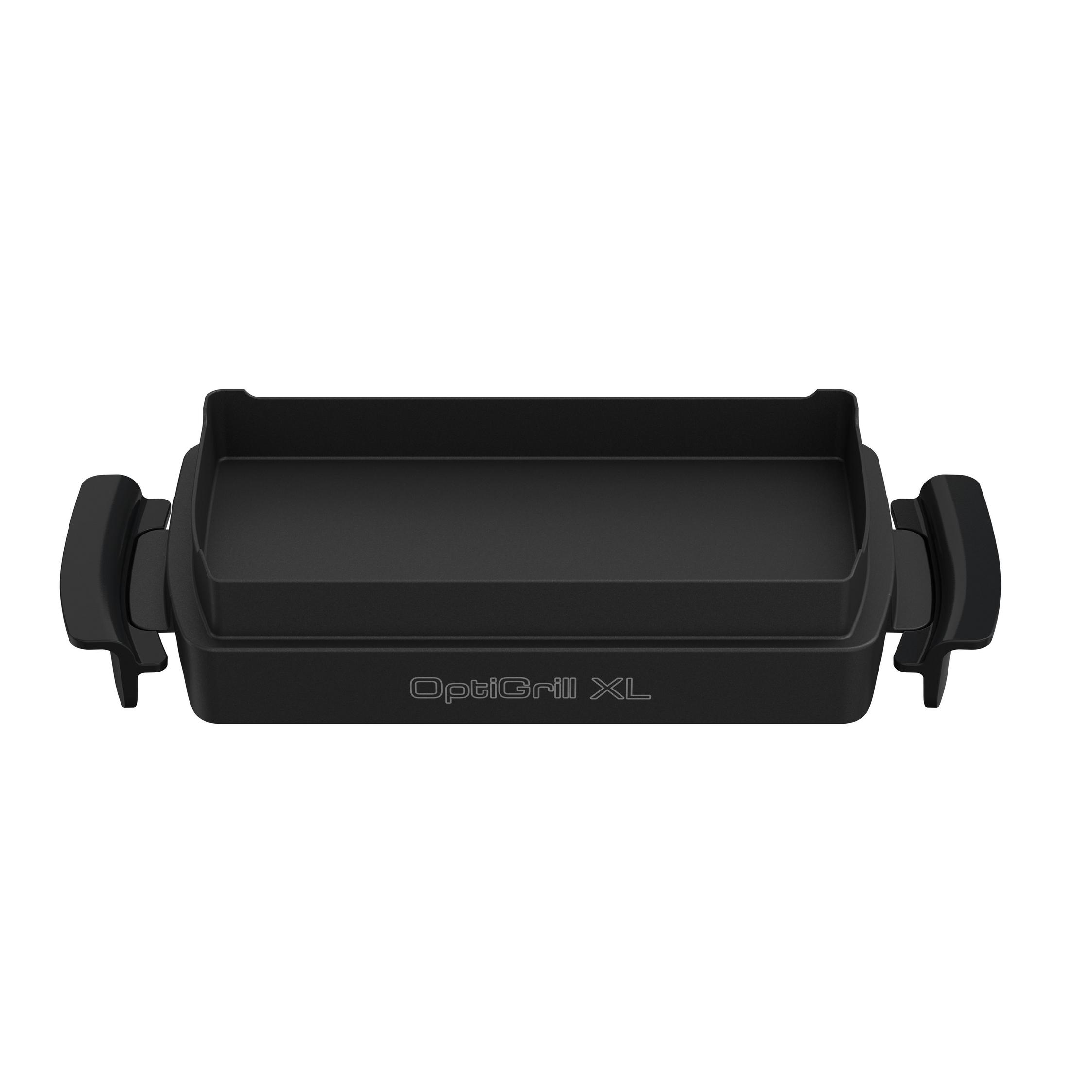 A black OptiGrill XL, rectangular, on a white background. Handles on sides.