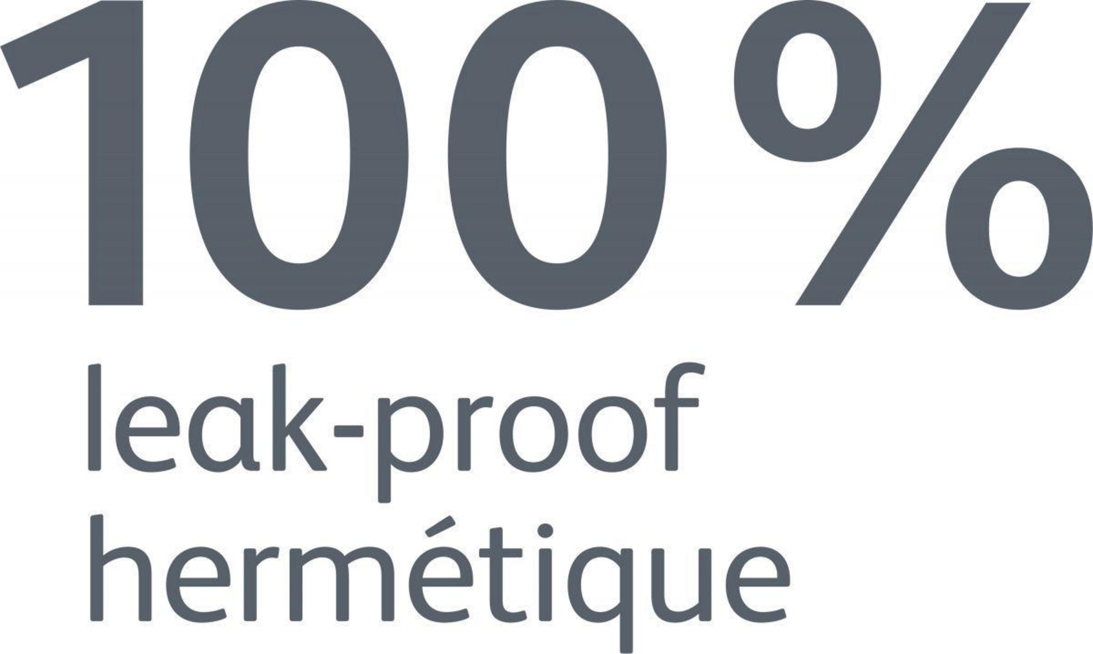 Text: "100% auslaufsicher hermetisch" in grauer Schrift auf weißem Hintergrund.