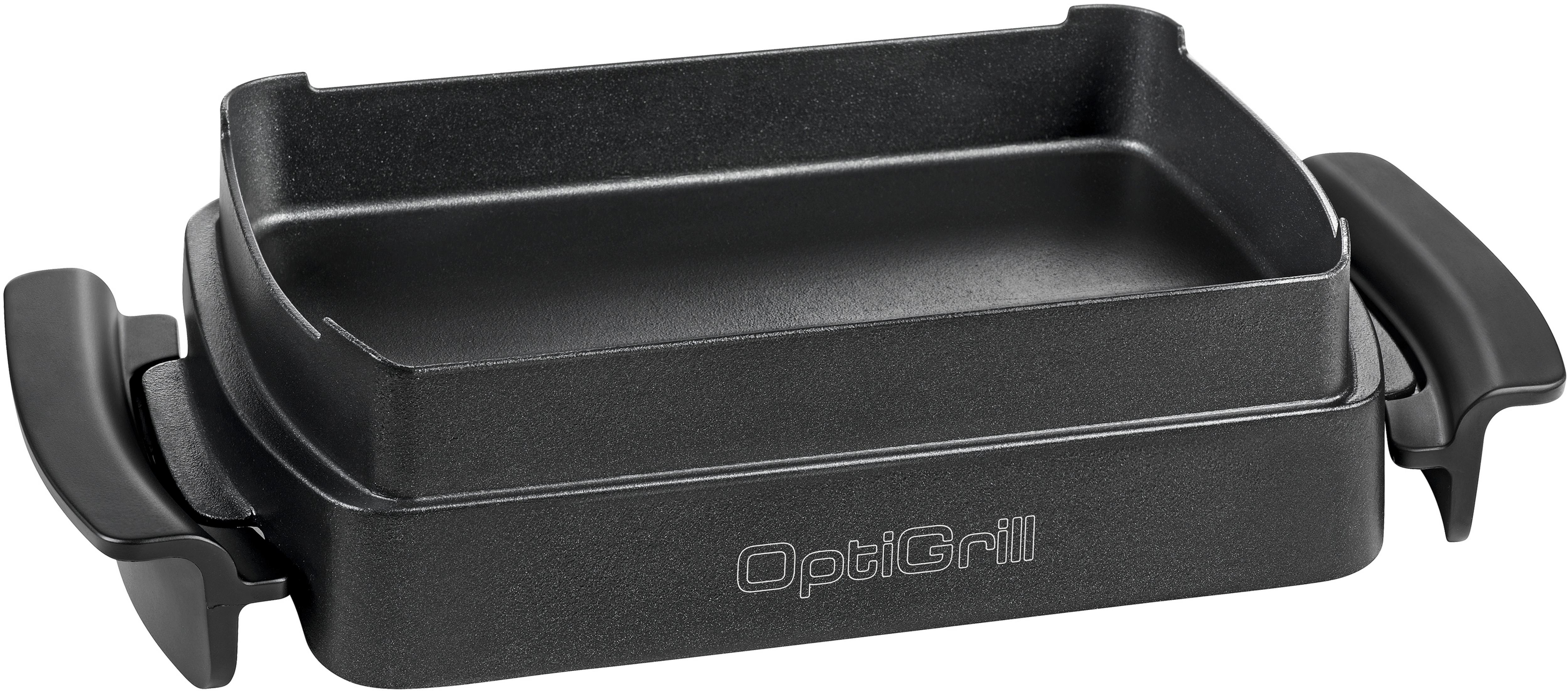 Ein schwarzer OptiGrill mit Griffen und einer rechteckigen Kochfläche.