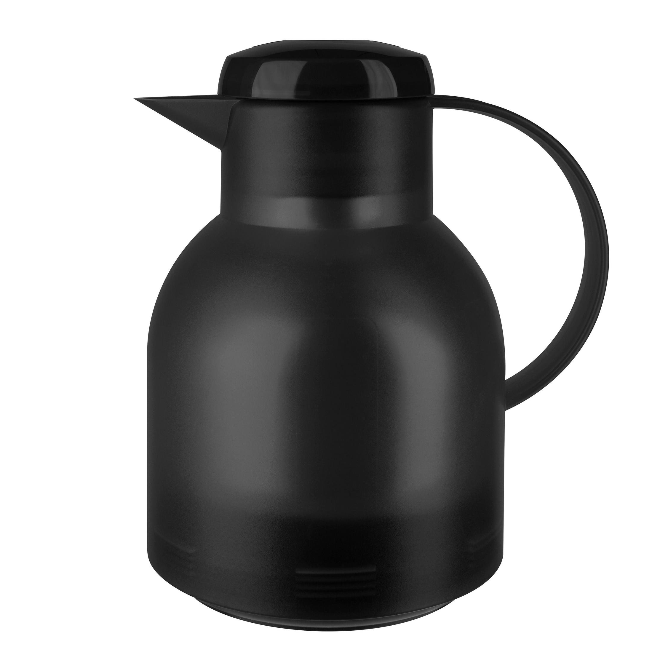 Thermos nero con manico. È a forma di caraffa nera.