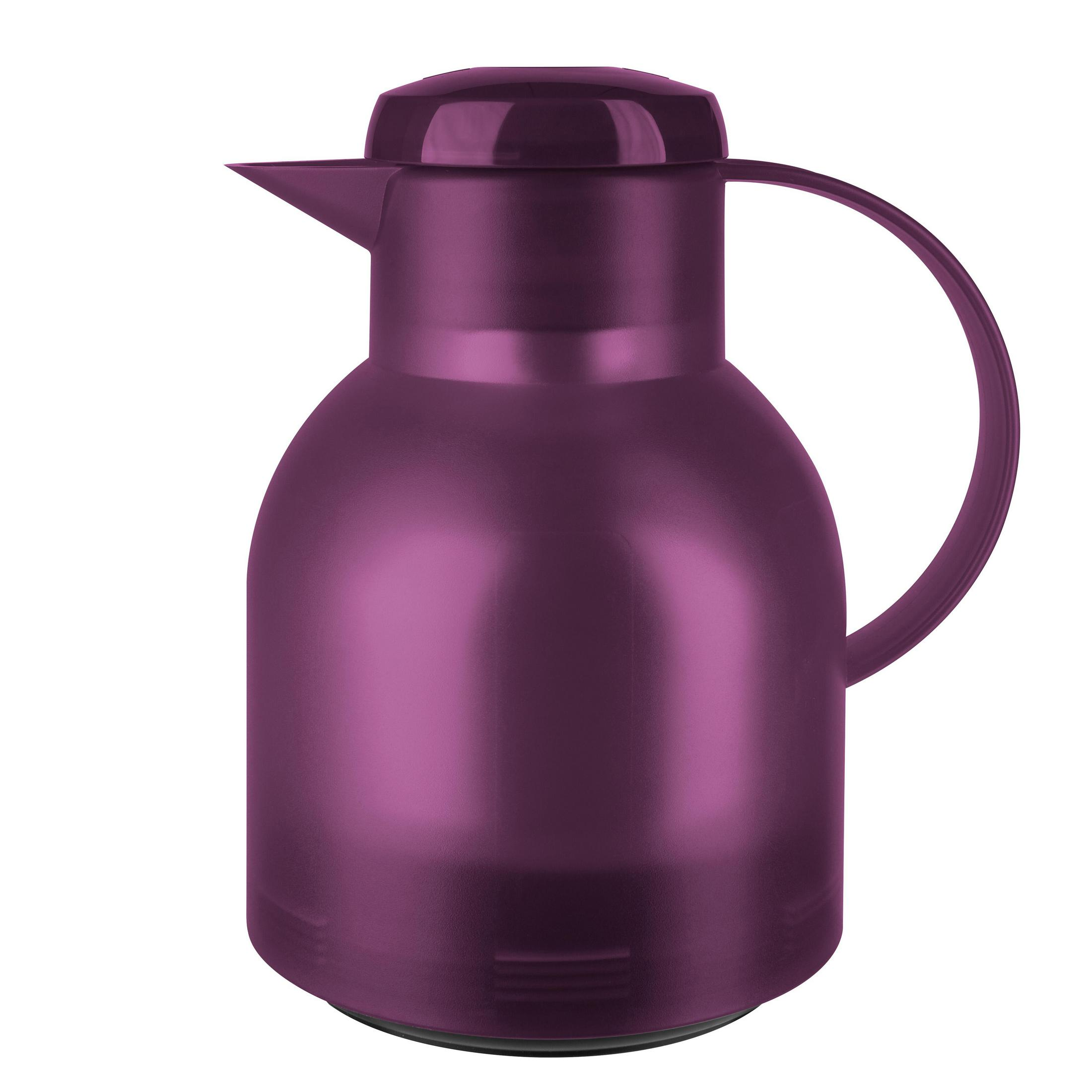 Thermos color prugna con manico e coperchio, su sfondo bianco.