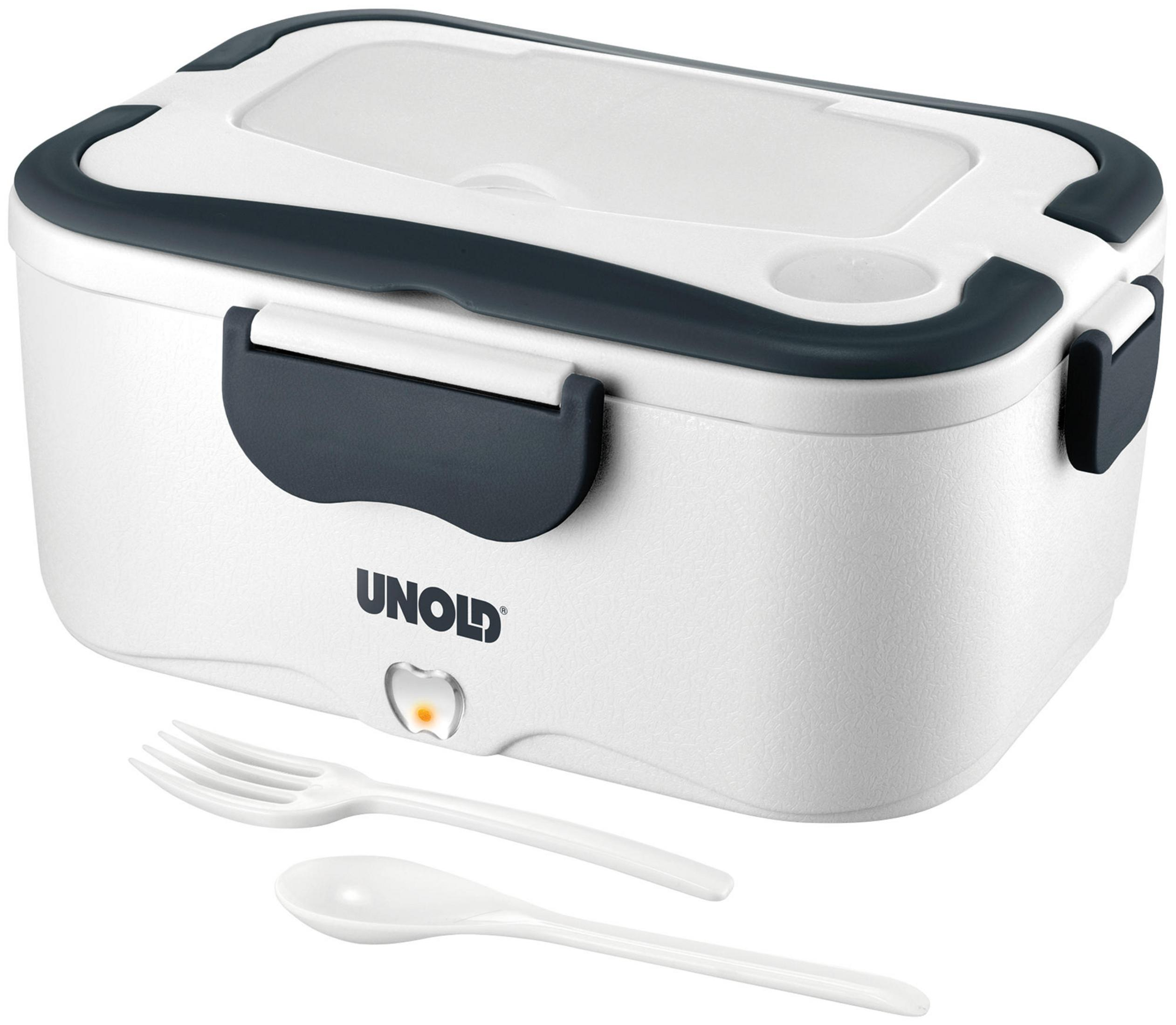 Weiße und graue Unold Lunchbox mit Gabel und Löffel.