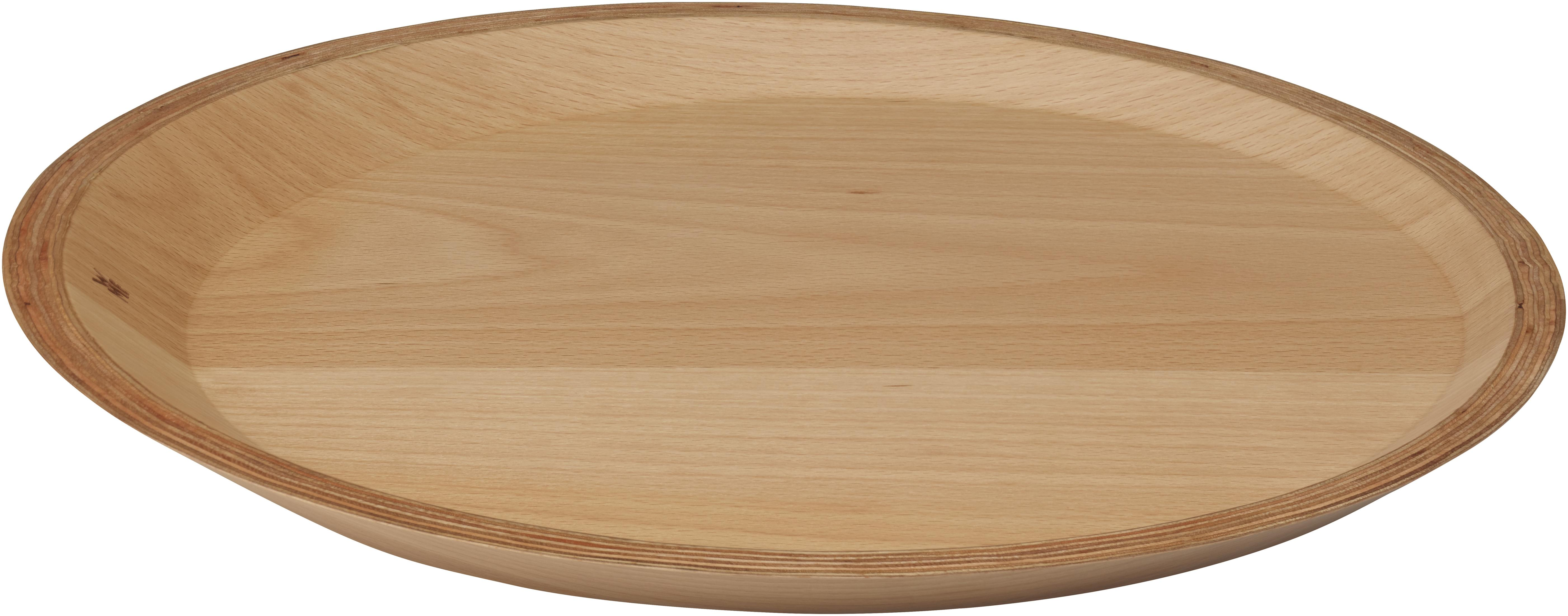Ein hölzernes, rundes Tablett mit erhöhtem Rand.