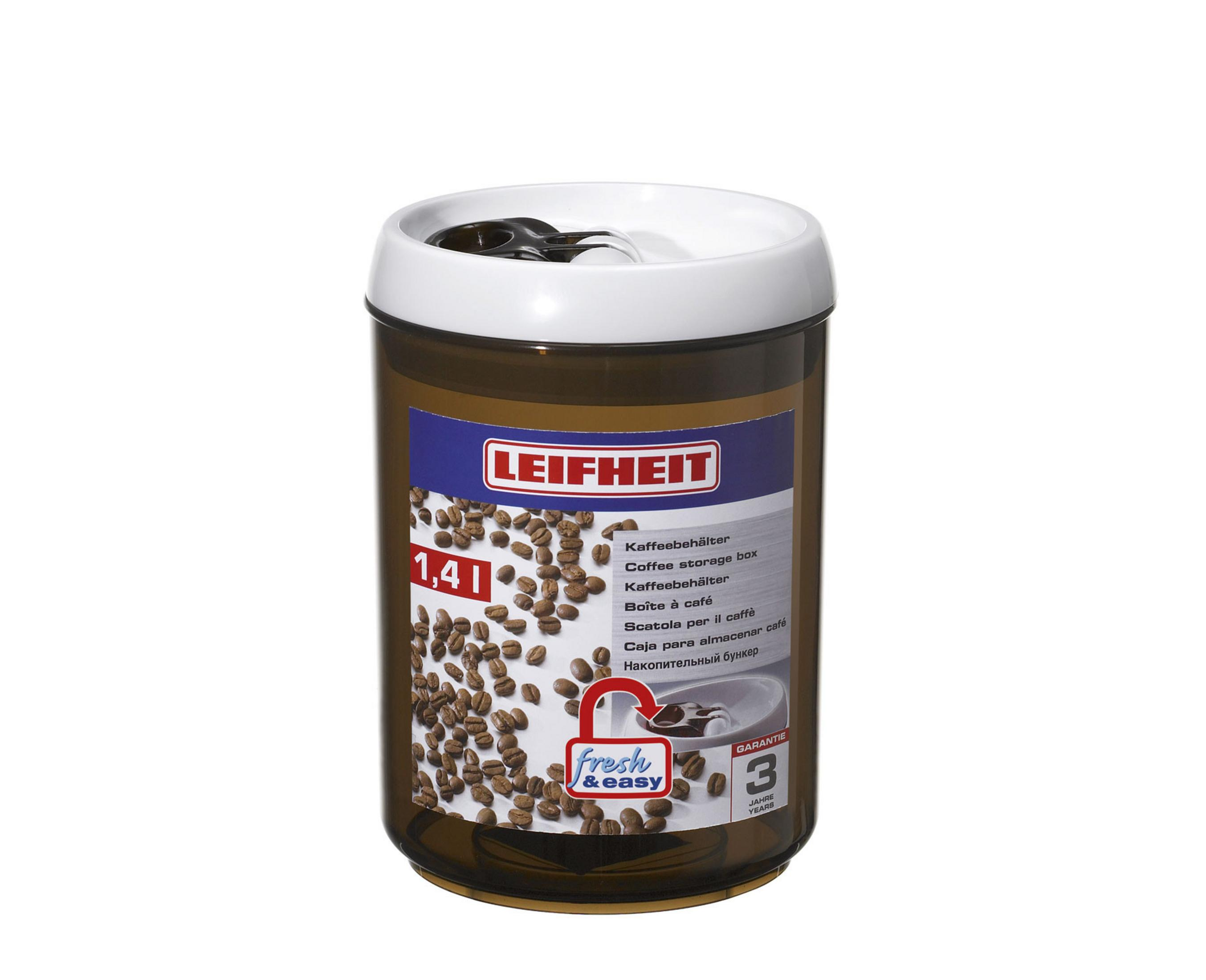 Eine Kaffee-Aufbewahrungsbox mit einem braunen Behälter und einem weißen Deckel, beschriftet mit 'Leifheit' und '1,4l'.