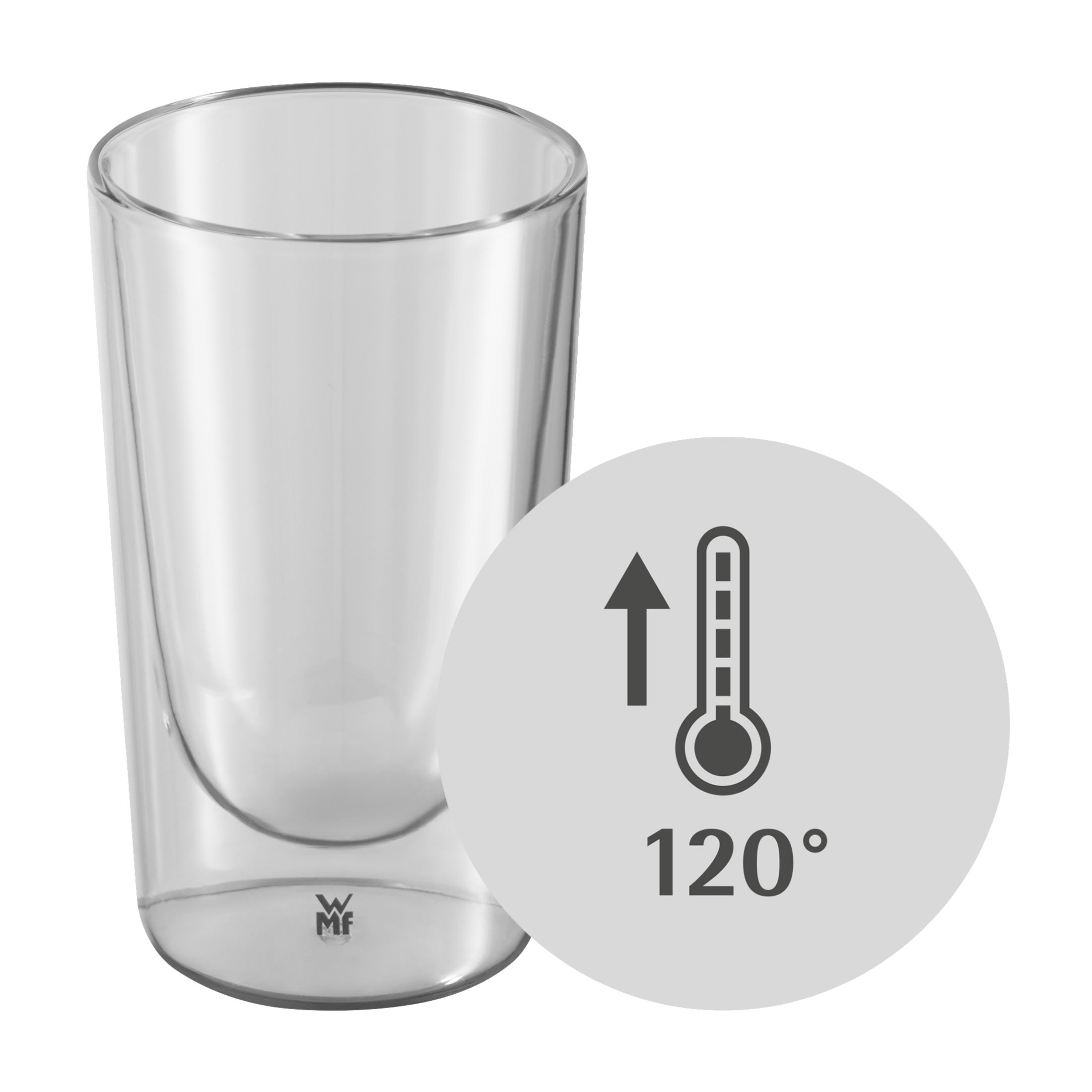 Çift cidarlı tasarımlı şeffaf bardak, 120° gösteren termometre simgesiyle.