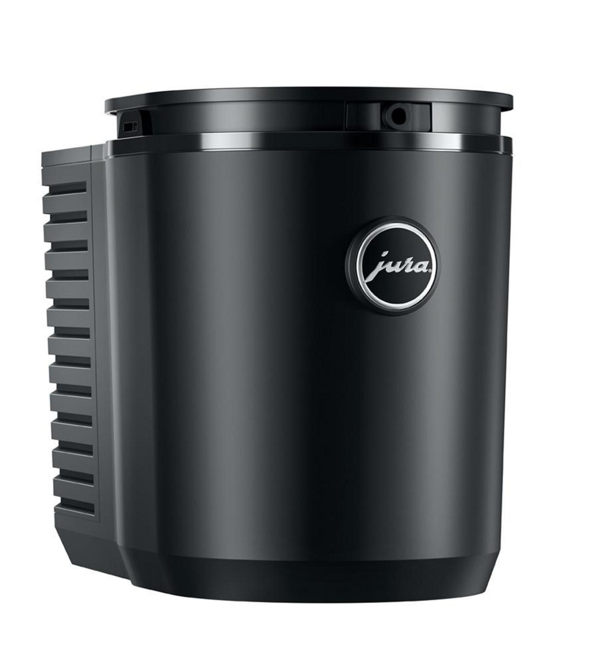 Una macchina da caffè Jura nera con il logo Jura.