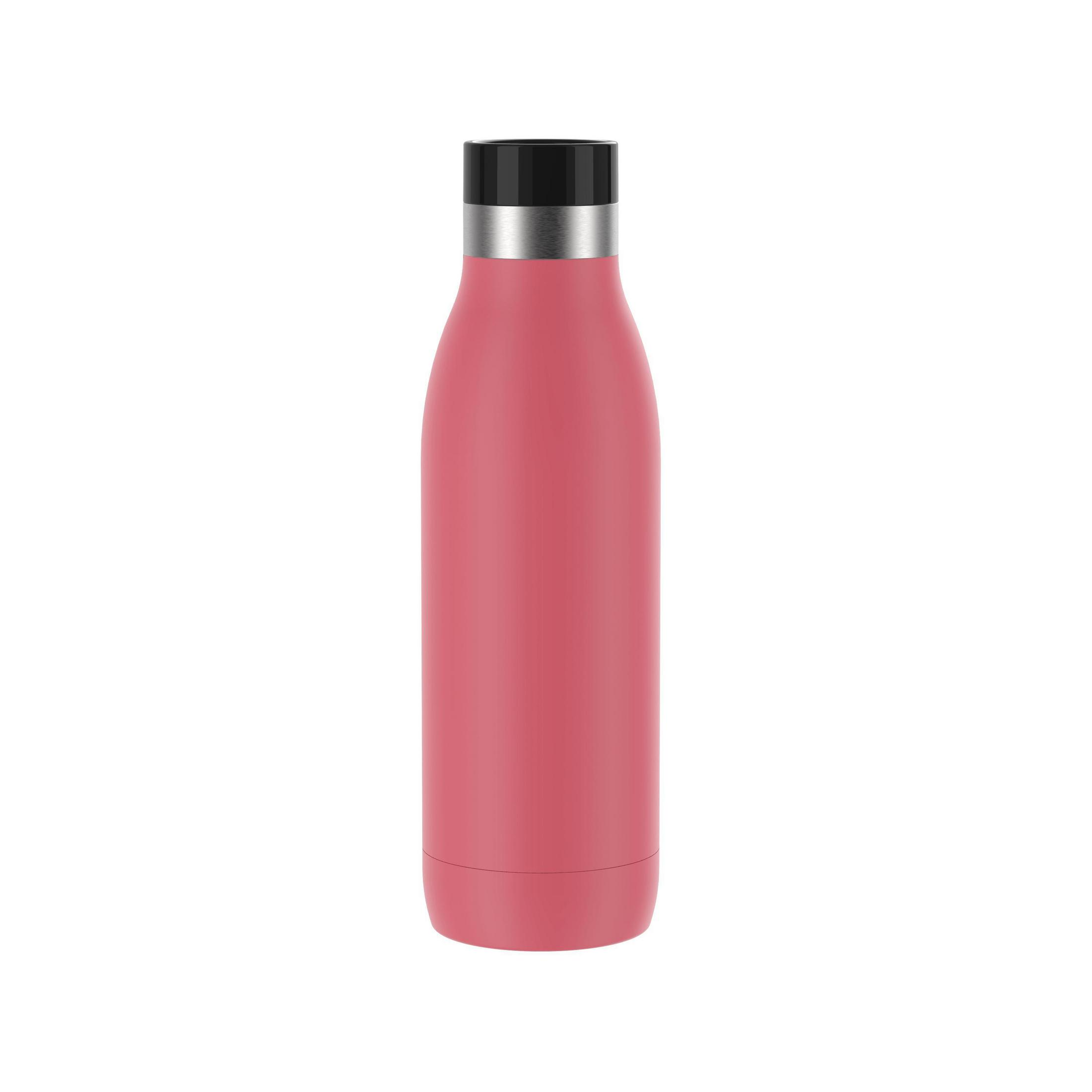 Eine rosa isolierte Wasserflasche mit schwarzem Deckel auf weißem Hintergrund.