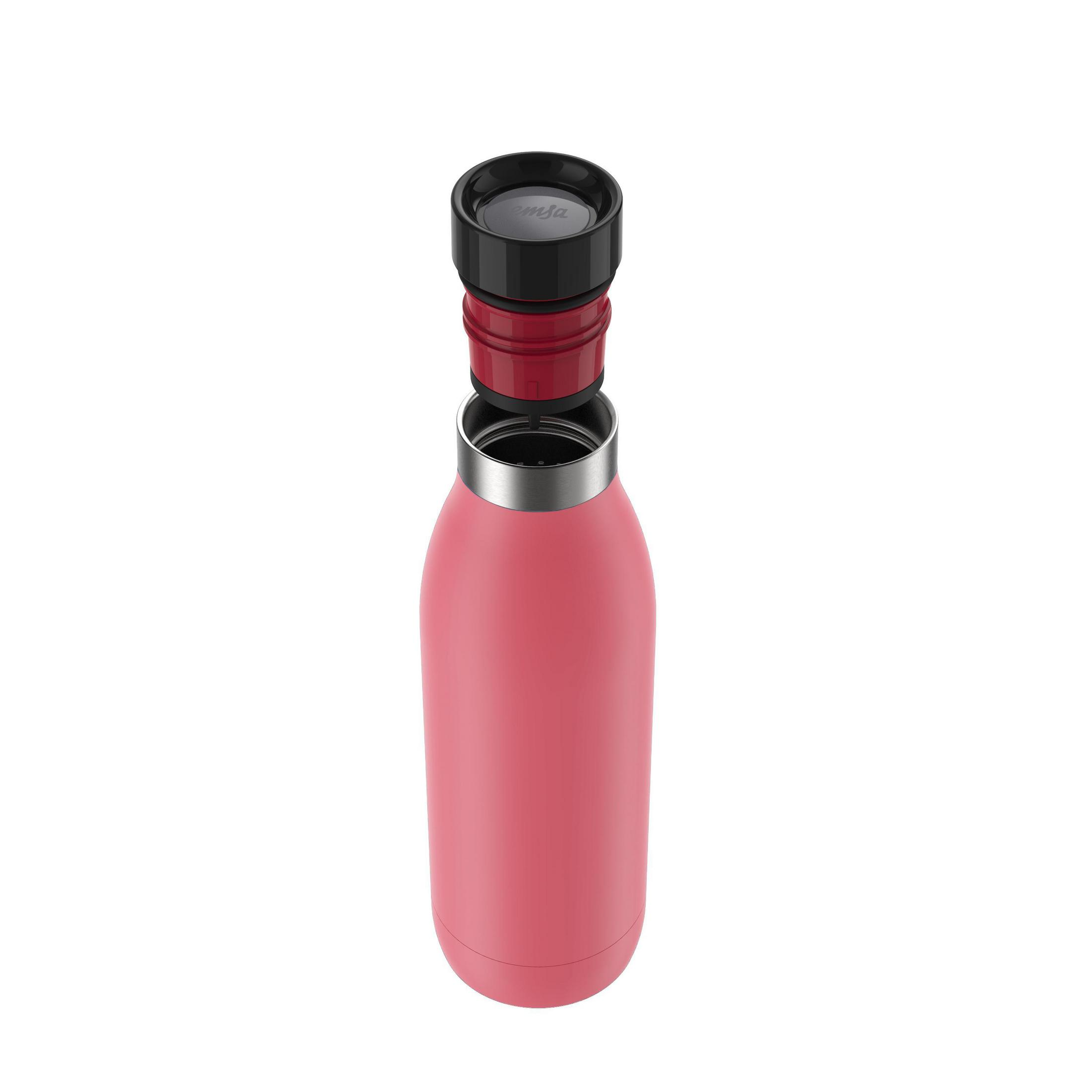 Rosa und silberne isolierte Wasserflasche, zerlegt, zeigt Kappe und Flaschenkörper.