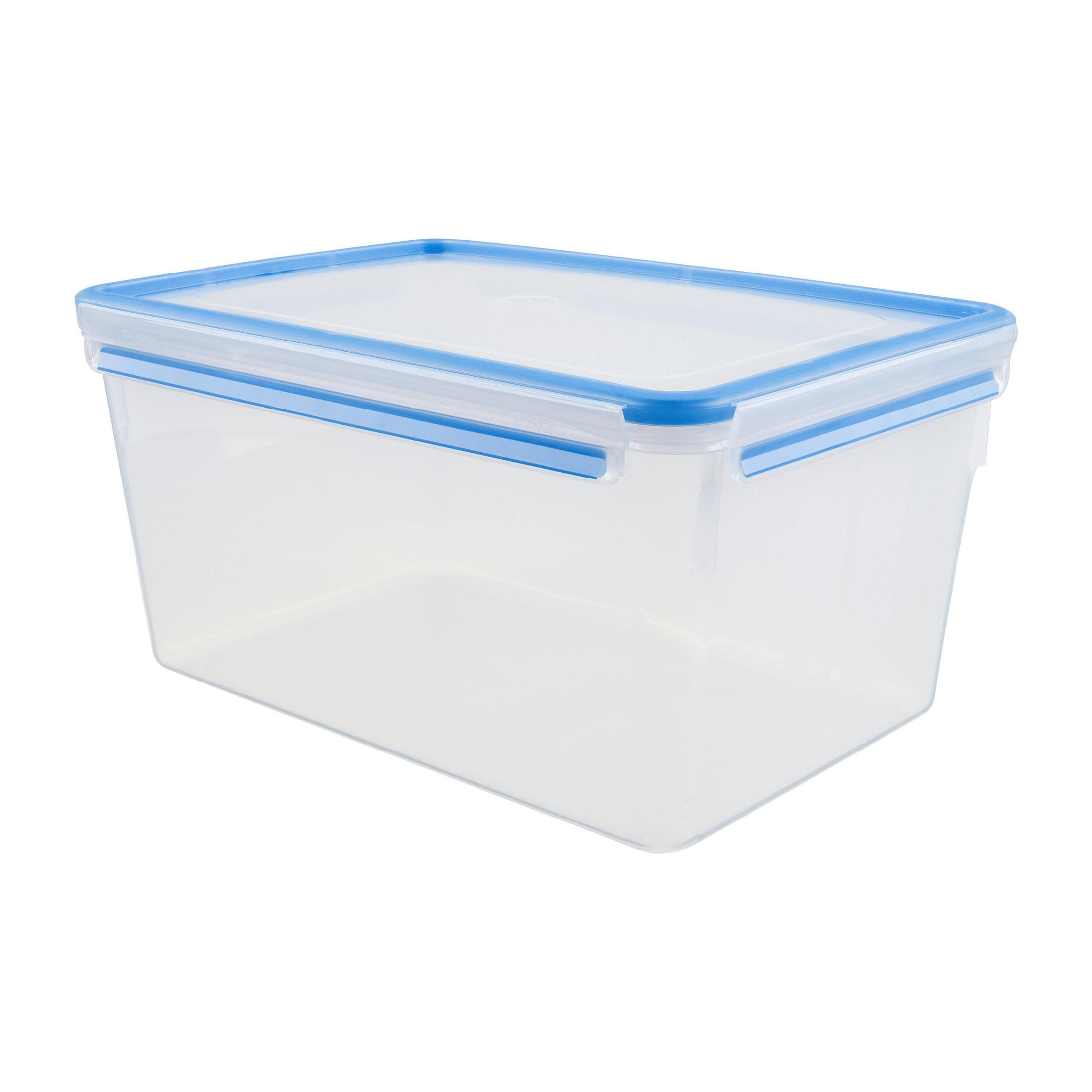 Transparenter rechteckiger Aufbewahrungsbehälter mit blauem Deckel.