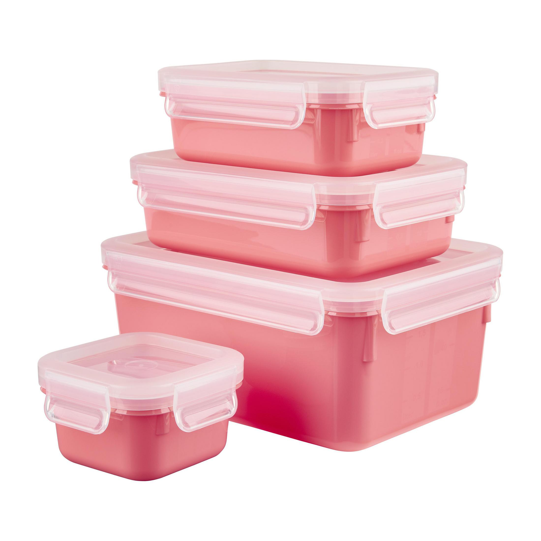 Set aus vier rosa rechteckigen Lebensmittelbehältern mit transparenten Deckeln, gestapelt auf weißer Oberfläche.