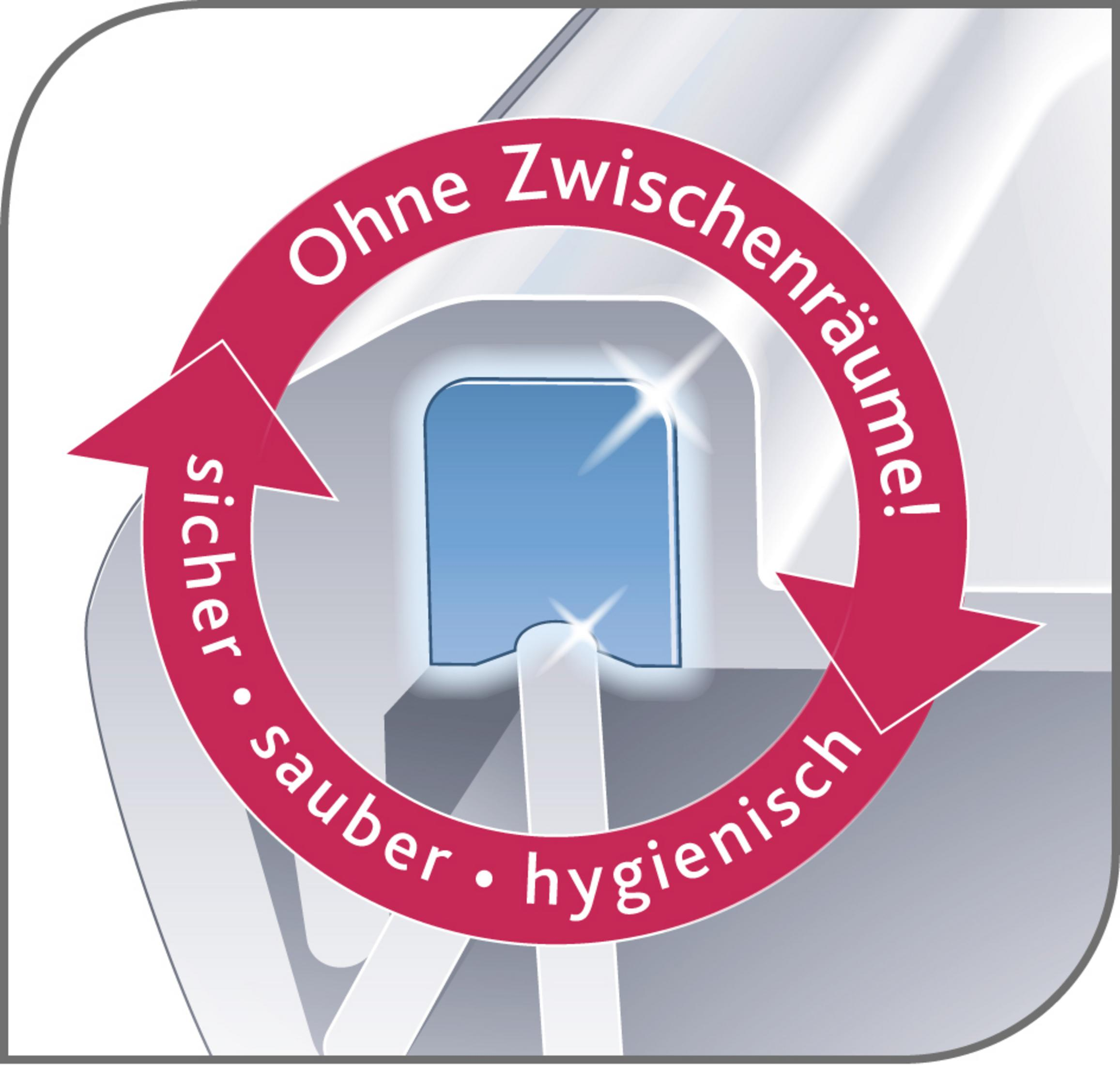Nahaufnahme eines weißen WC-Sitzes mit Pfeilen und Text, der Sauberkeit, Hygiene und Sicherheit anzeigt.