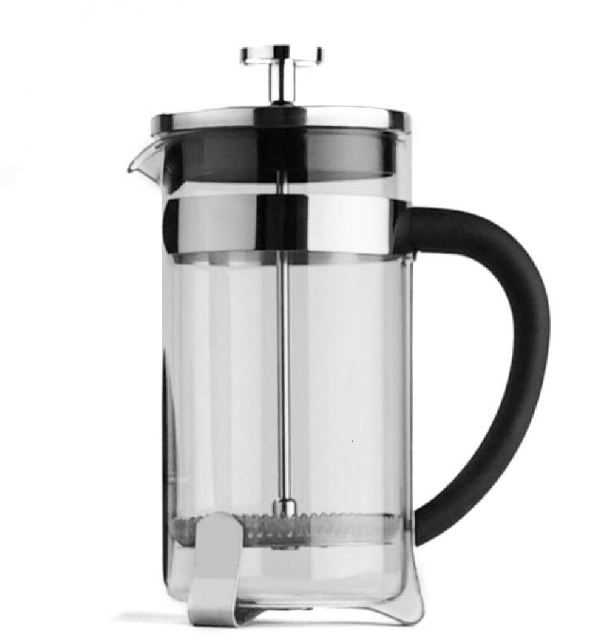 Eine French-Press-Kaffeemaschine aus Glas, Edelstahl und schwarzem Kunststoffgriff.
