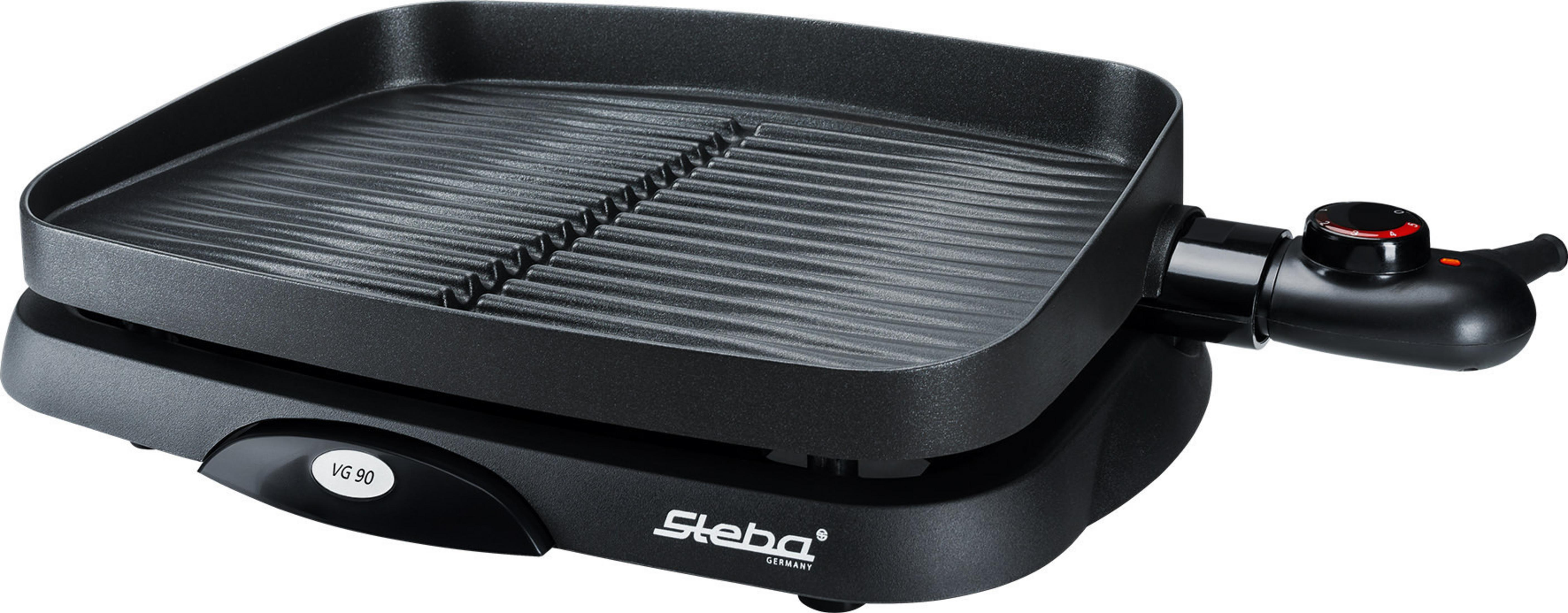 Schwarzer Elektrogrill auf weißem Hintergrund. Modell Steba VG 90. Knöpfe und Heizelemente sichtbar.