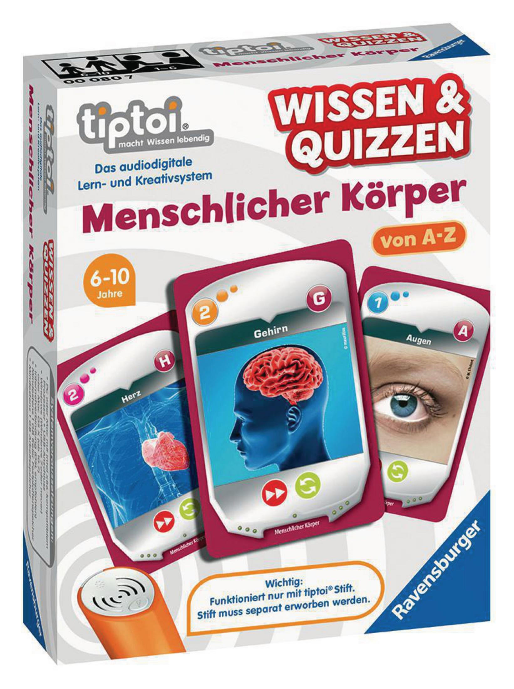 Eine Spielbox mit anatomischen Karten und einem Stift. Der Titel lautet: 'Wissen & Quizzen'.