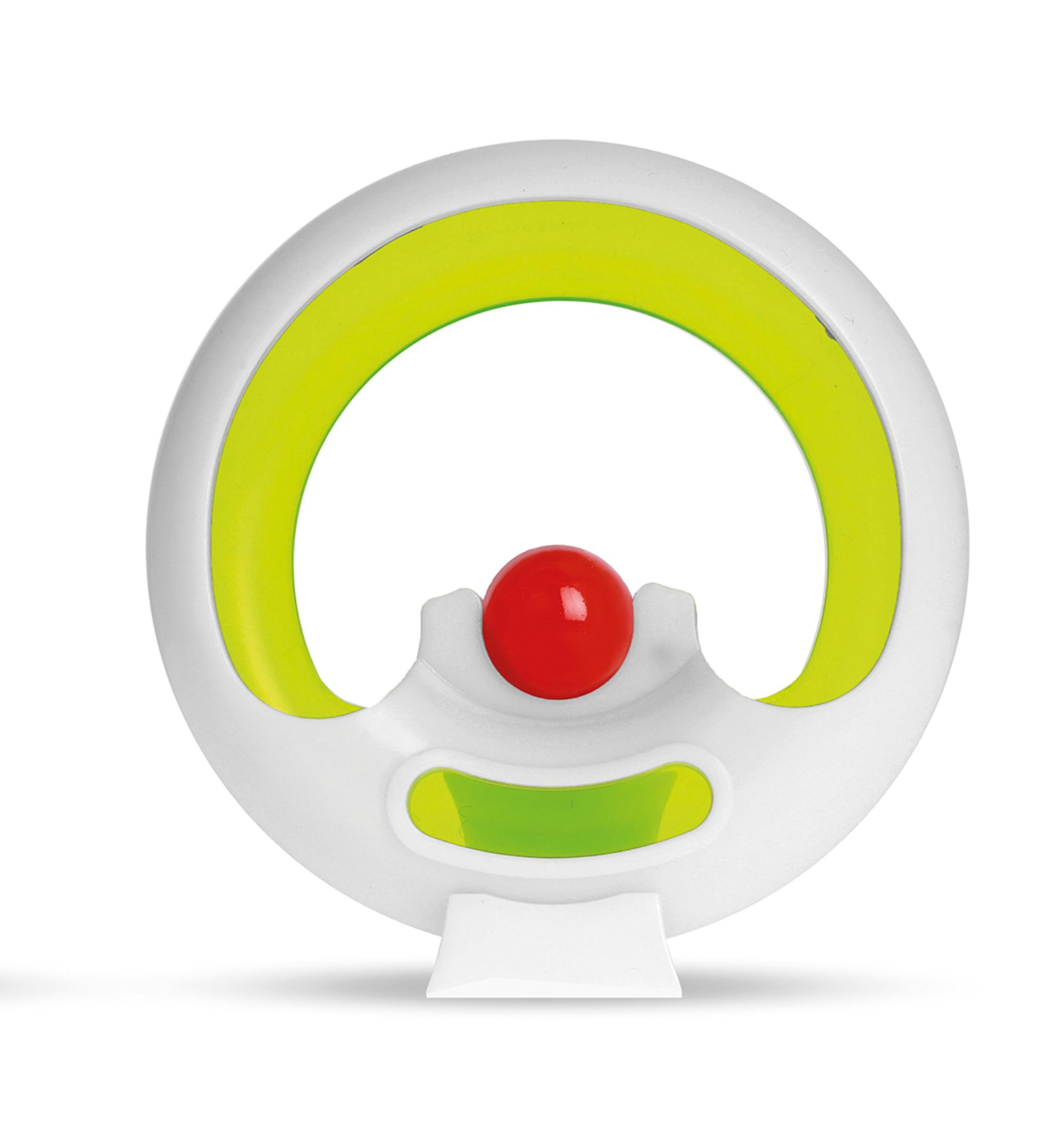 Ein weißes und grünes Spielzeug mit einem roten Ball und kreisförmiger Form.