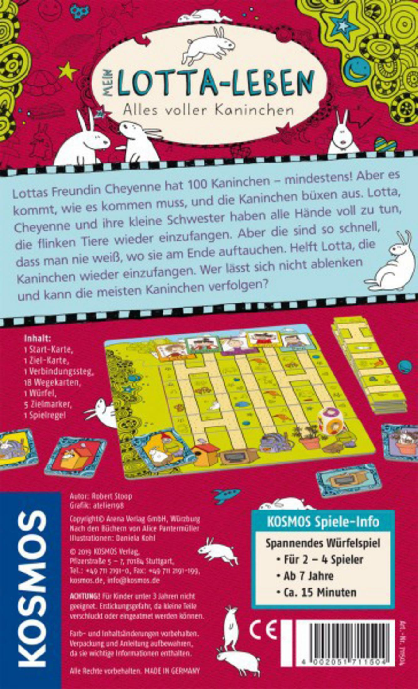 Rückseite einer Kinderspielschachtel mit Text und Illustrationen von Hasen auf einem grünen Spielbrett.