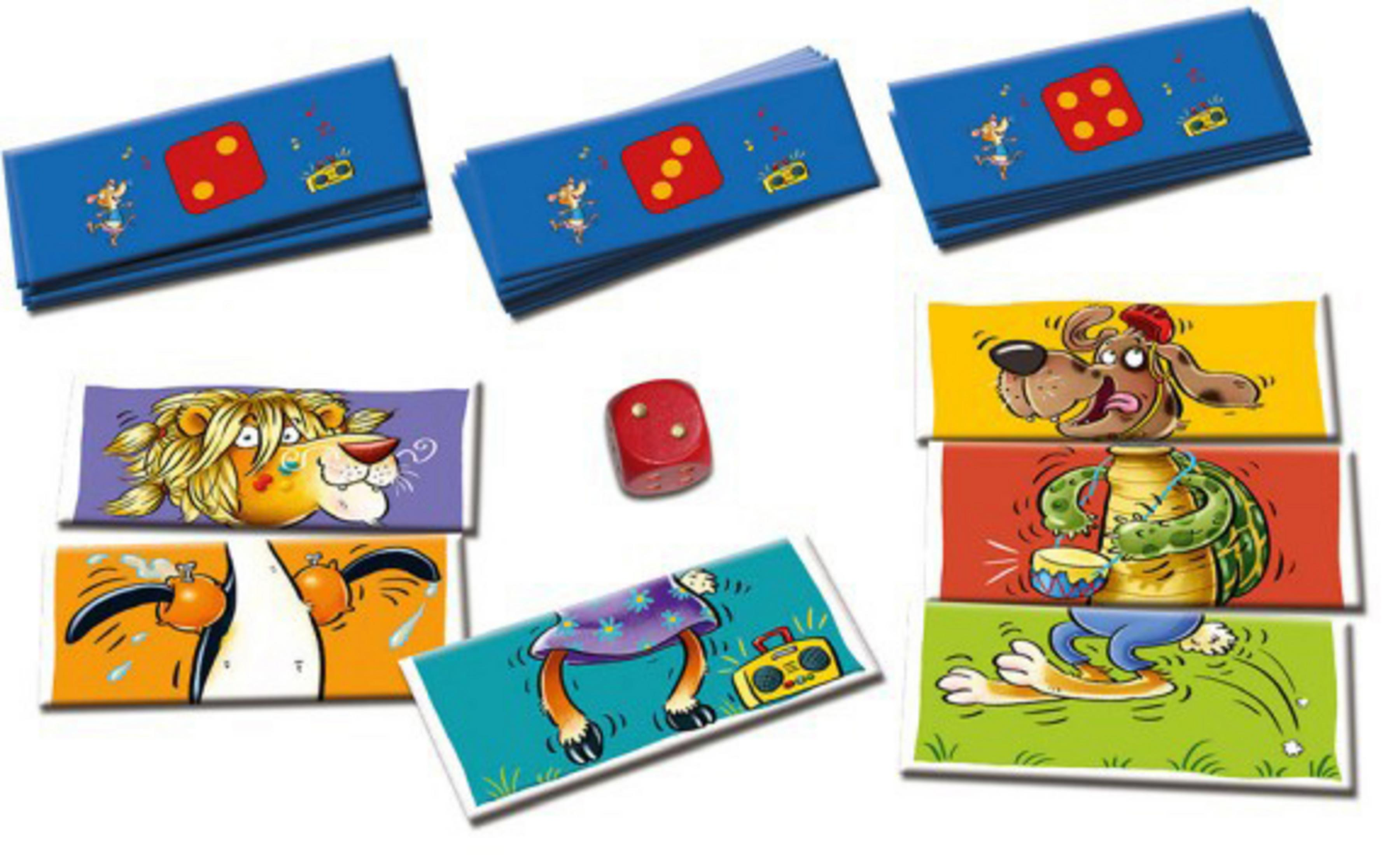 Karten mit Cartoon-Bildern von Tieren und Würfeln. Spielkomponenten für ein Brettspiel.