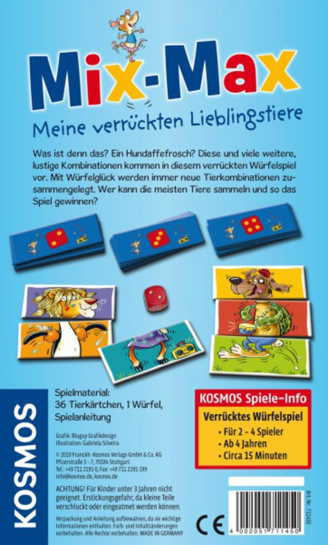 Rückseite einer Brettspielbox mit Text und Bildern von Zeichentieren und Würfeln.