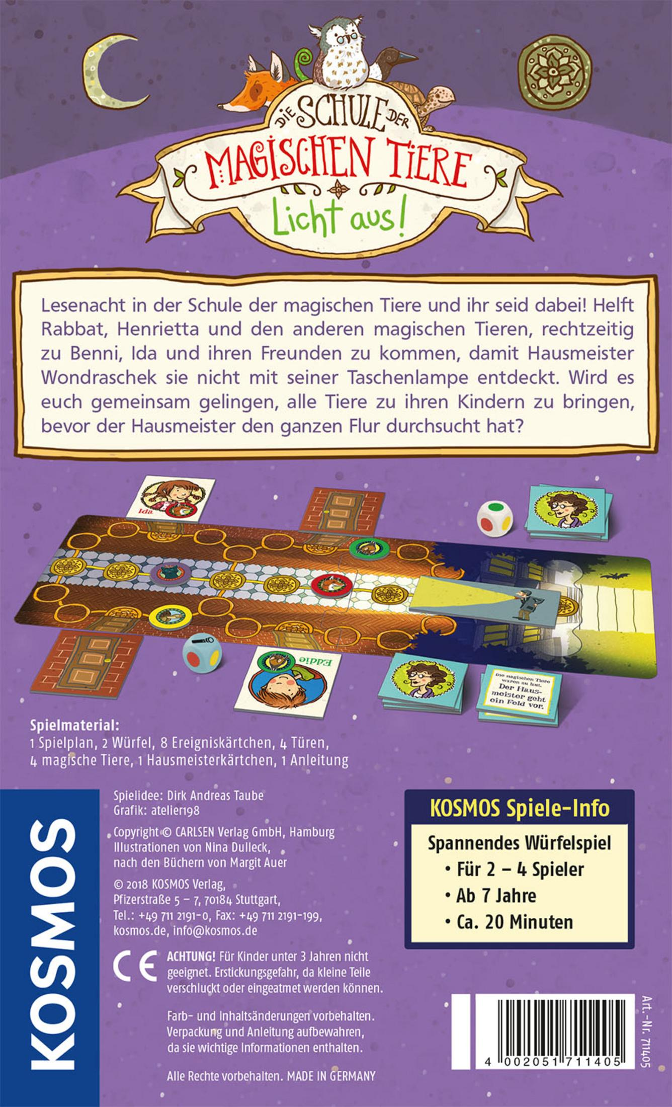 Rückseite einer deutschen Brettspielschachtel. Titel: Die Schule der magischen Tiere, mit Illustrationen und Spieldetails.