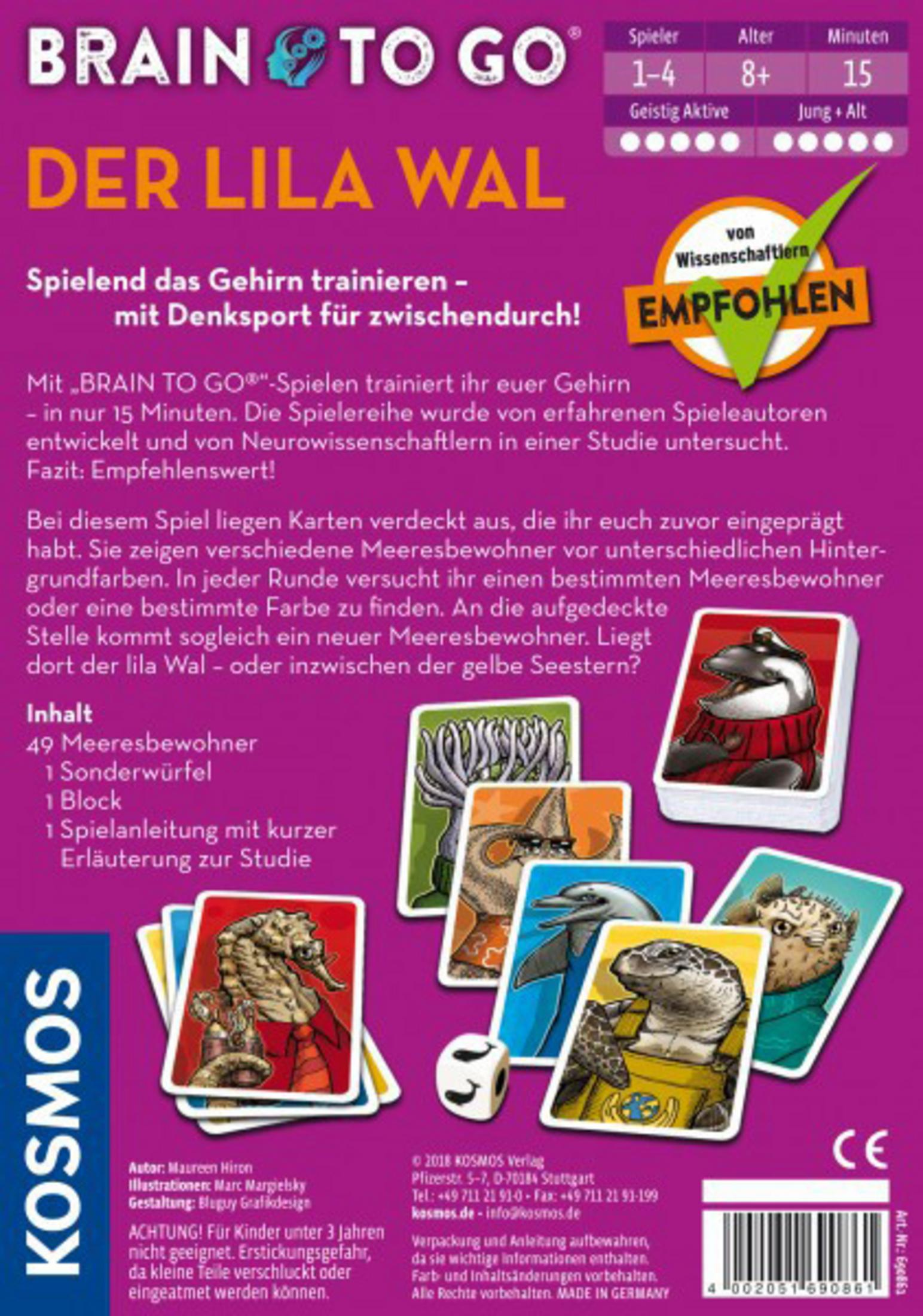 Rückseite einer Brettspielbox mit Text, einem Würfel und Illustrationen von Meeresbewohnern.