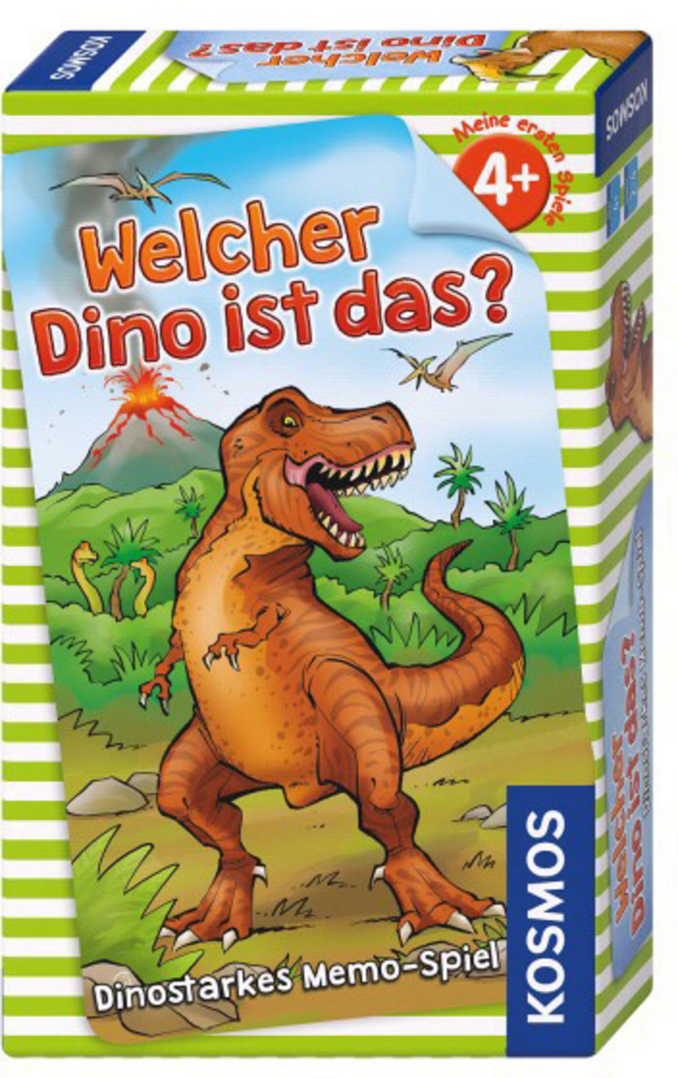 Eine Brettspielbox mit dem Titel 'Welcher Dino ist das?' mit einem Zeichentrick-Dinosaurier wird gezeigt.