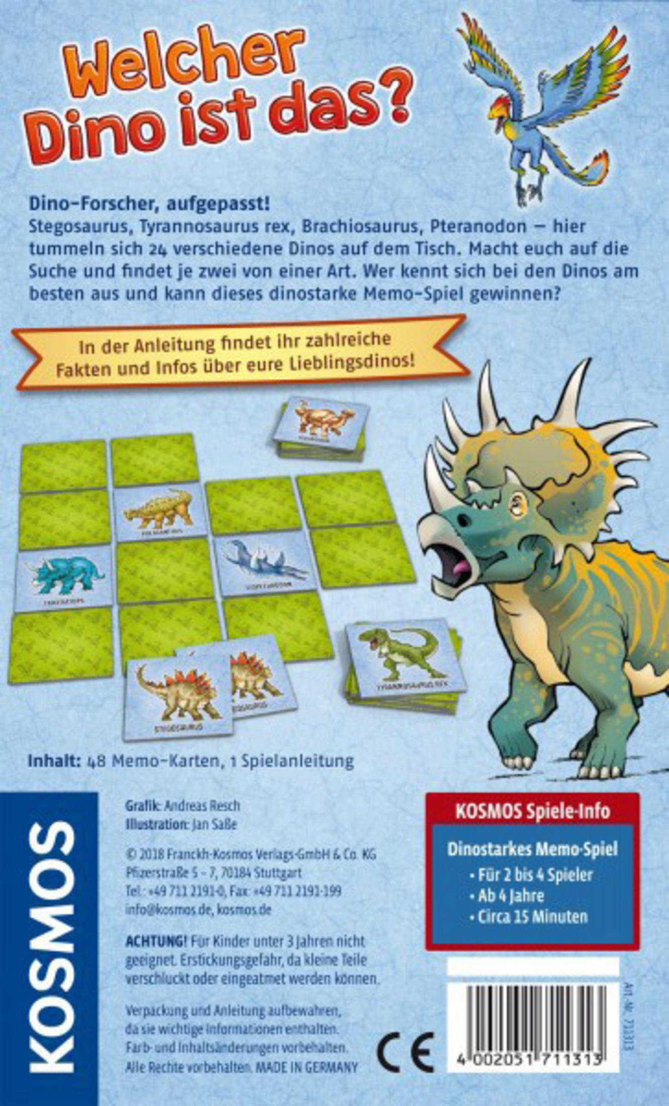 Rückseite einer Spielbox mit Dinosaurier-Illustrationen und Text. Enthält Anweisungen, Karten und Dino-Fakten.