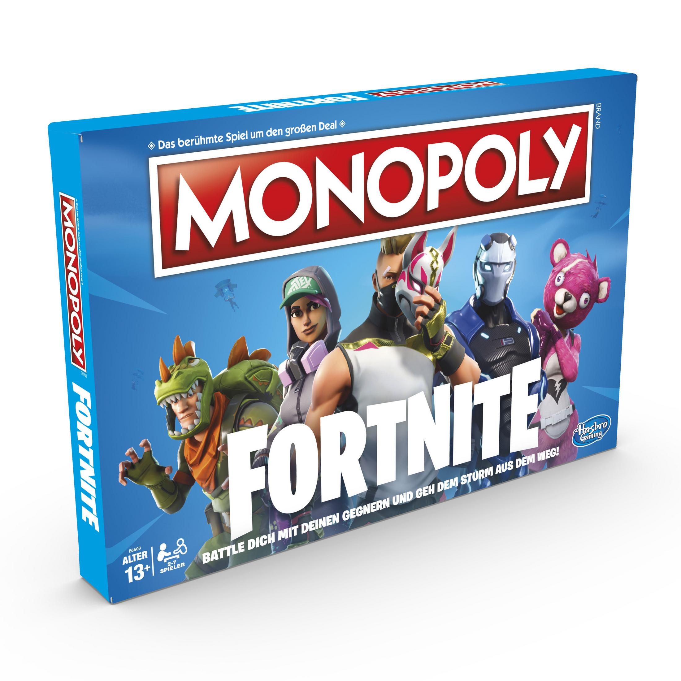 Monopoly: Fortnite Brettspielbox. Charaktere aus dem Spiel sind abgebildet.