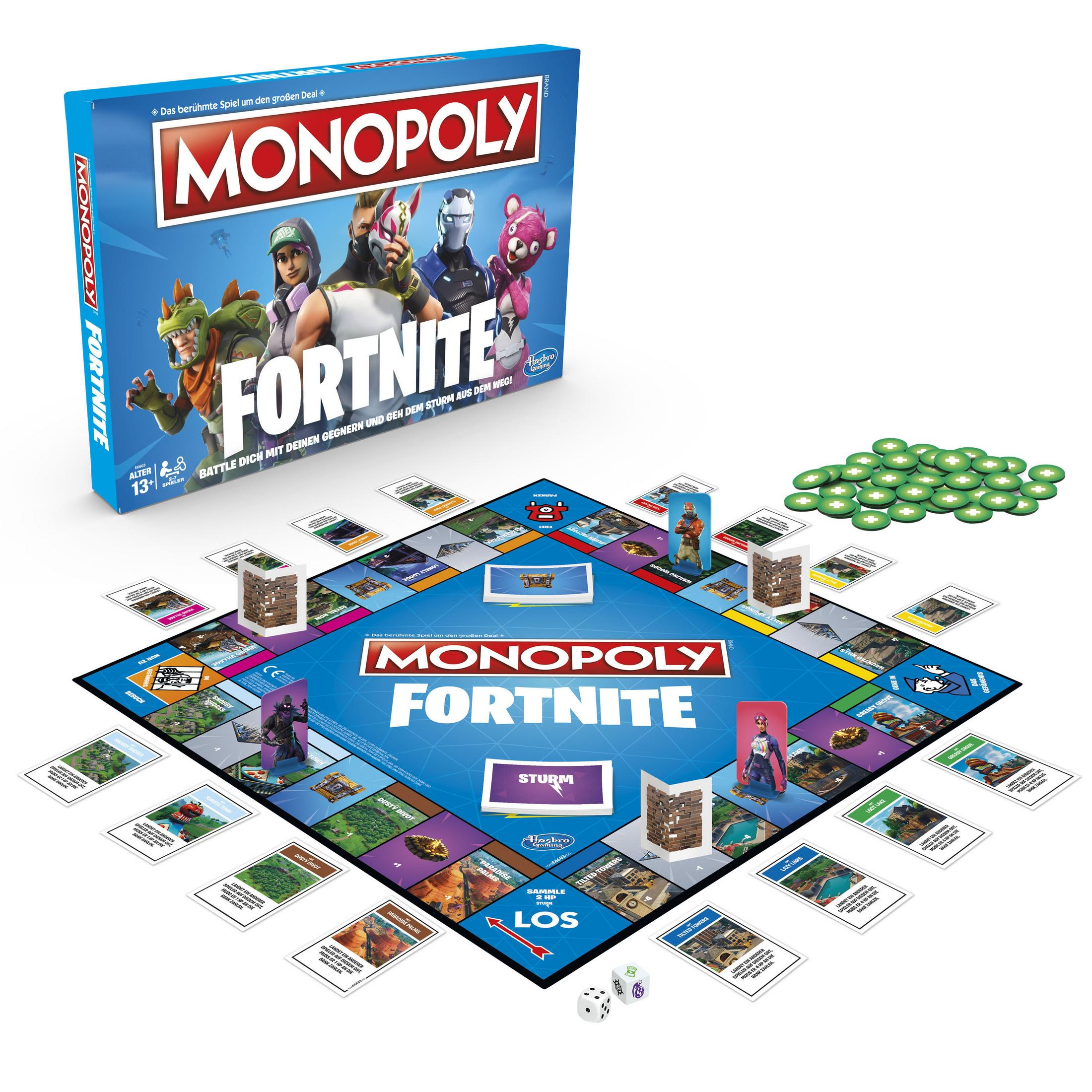 Monopoly Fortnite-Brettspiel, mit Spielsteinen und Karten auf einem blauen Spielbrett.