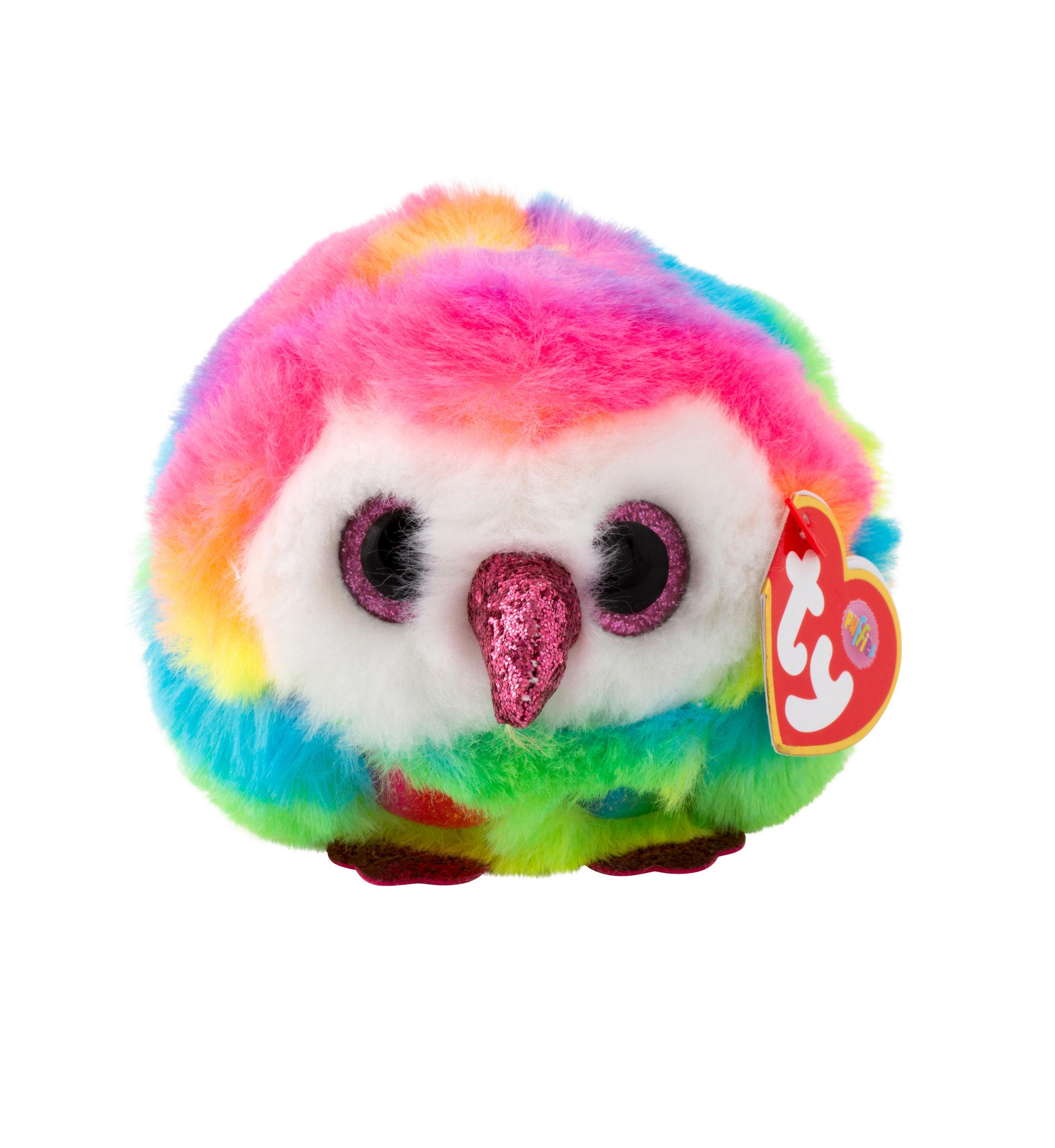 Buntes Plüsch-Eulenspielzeug mit großen Augen und Anhänger. Es hat Regenbogenfarben und einen Glitzer-Schnabel.