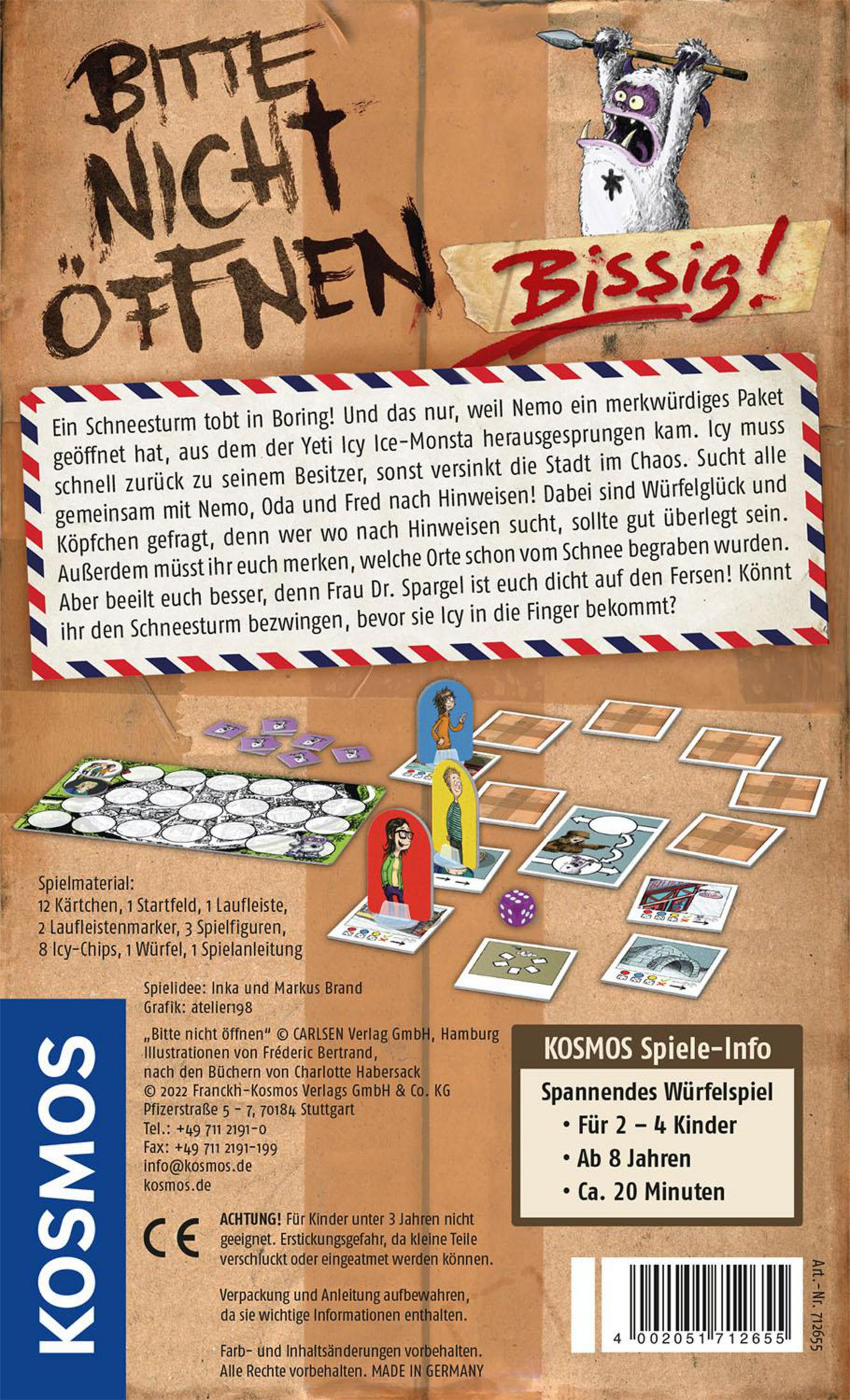 Rückseite einer Brettspielbox. Text und Illustrationen auf Deutsch. Ein Cartoon-Yeti ist abgebildet.
