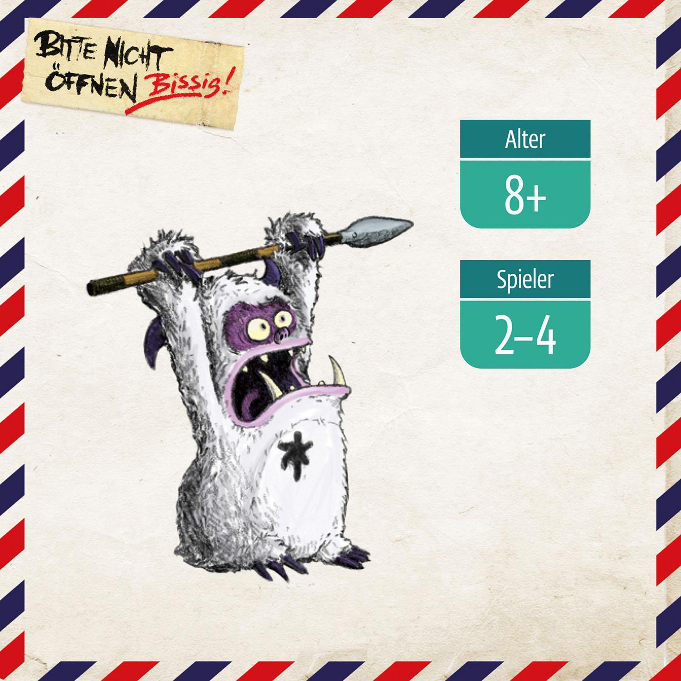 Cartoon eines weißen Yetis mit Speer. Spielinfo: Alter 8+, 2-4 Spieler.