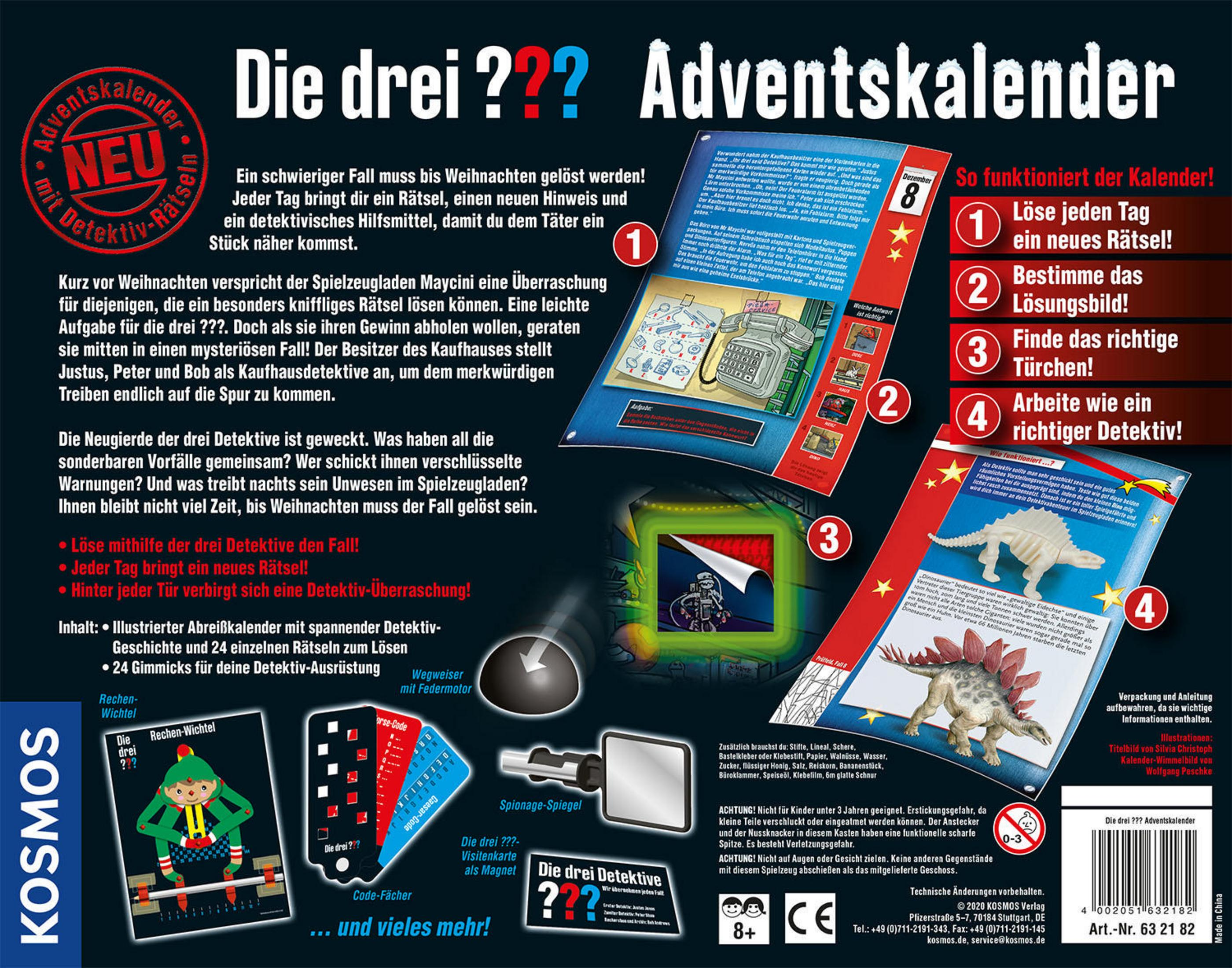 Adventskalender-Box mit Text und Illustrationen. Mit Detektiv-Thema, Hinweisen und Bildern.