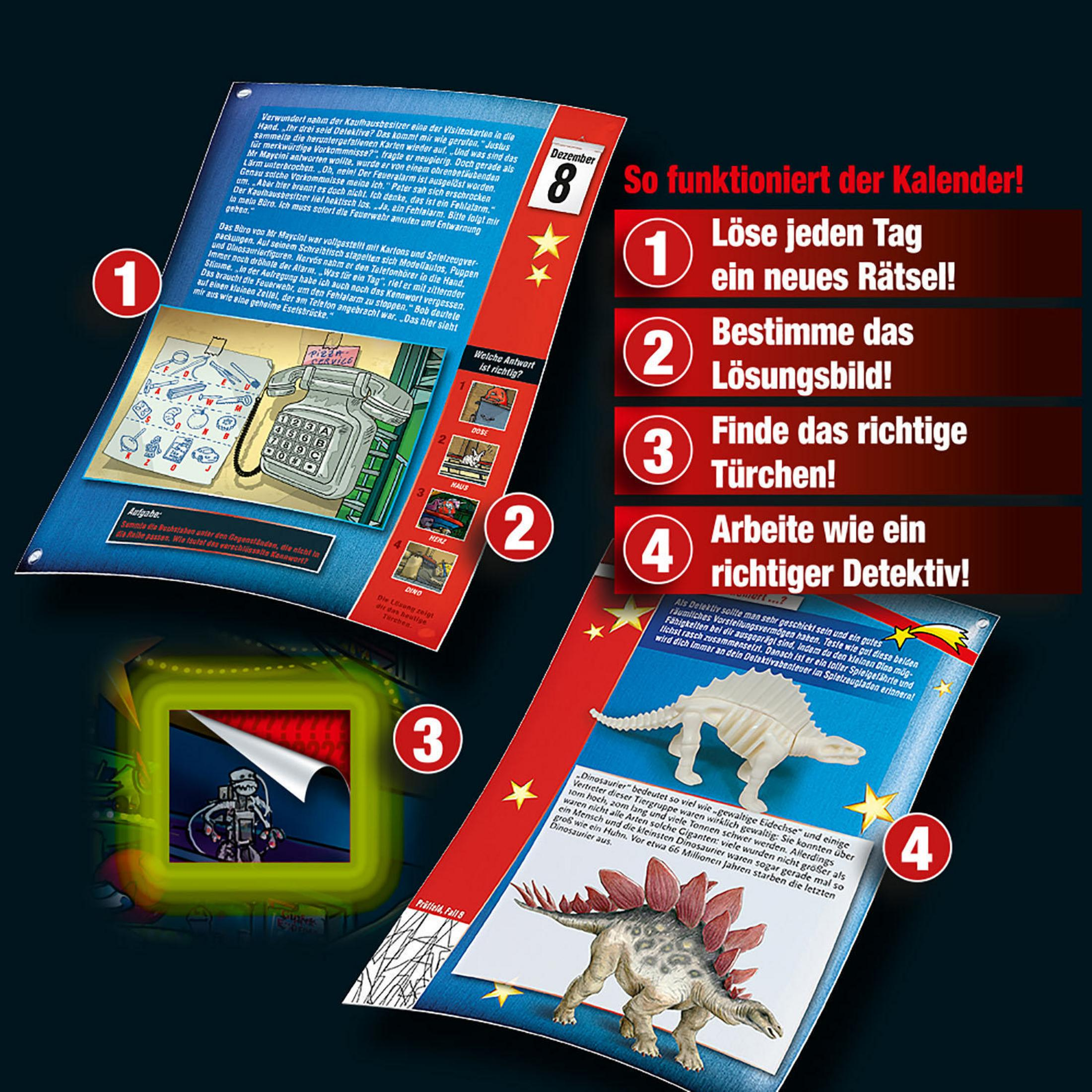 Adventskalenderseiten mit Illustrationen und Text. Anweisungen zum Lösen der Rätsel.