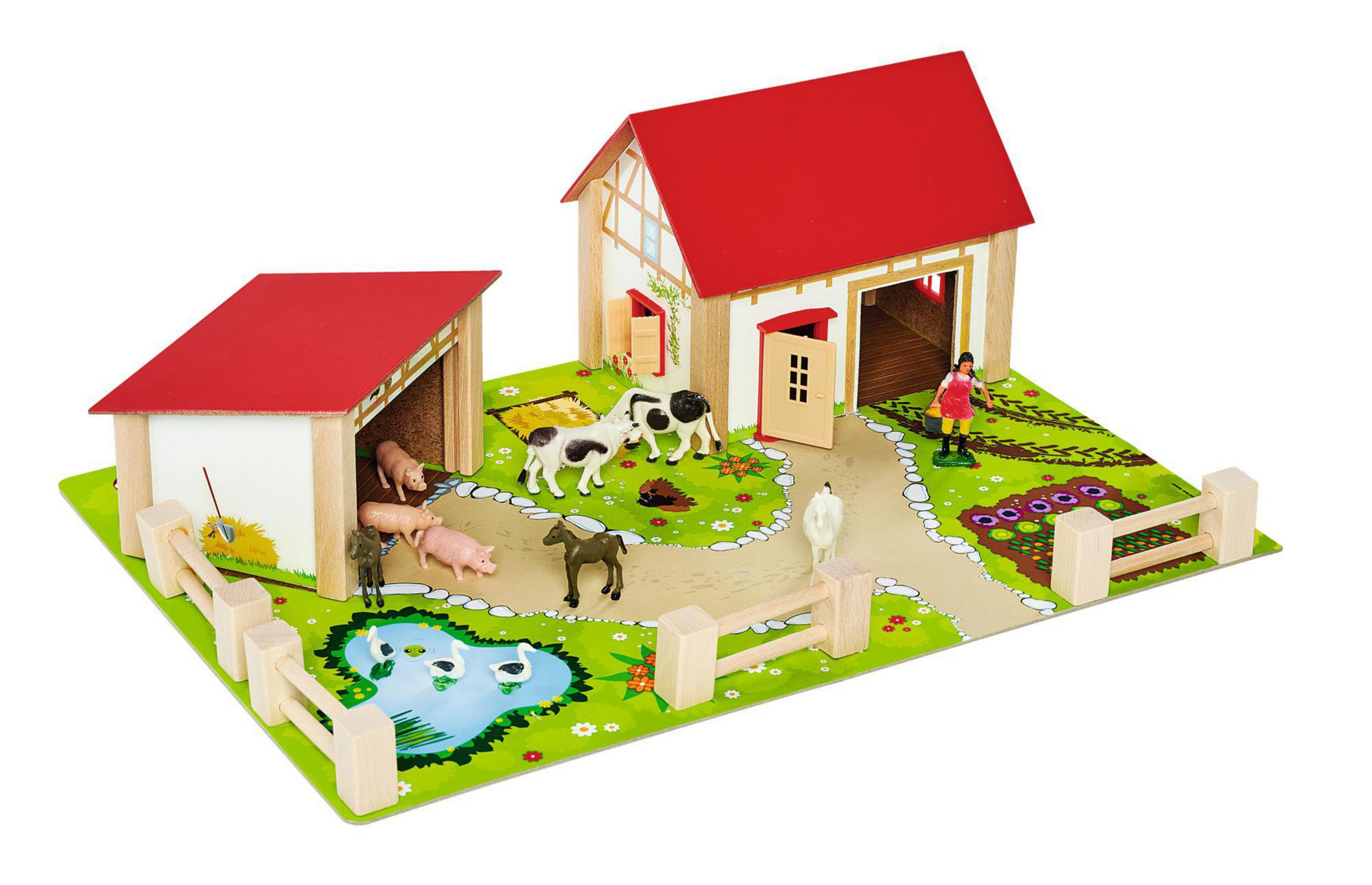 Hölzerner Spielzeugbauernhof mit Scheune, Haus, Tieren, Figuren, einem Teich und einem Weg.