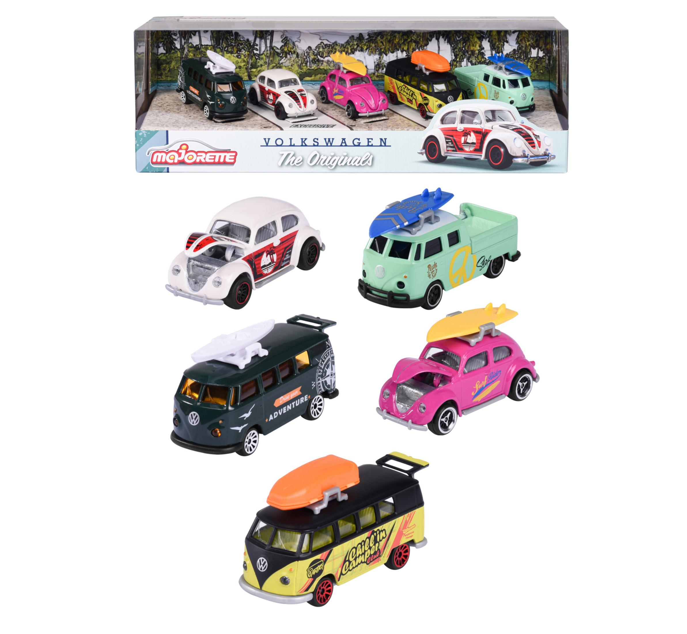 Majorette Spielzeugautos. Sechs VW Camper Vans und Käfer in einer Box. Verschiedene Farben.