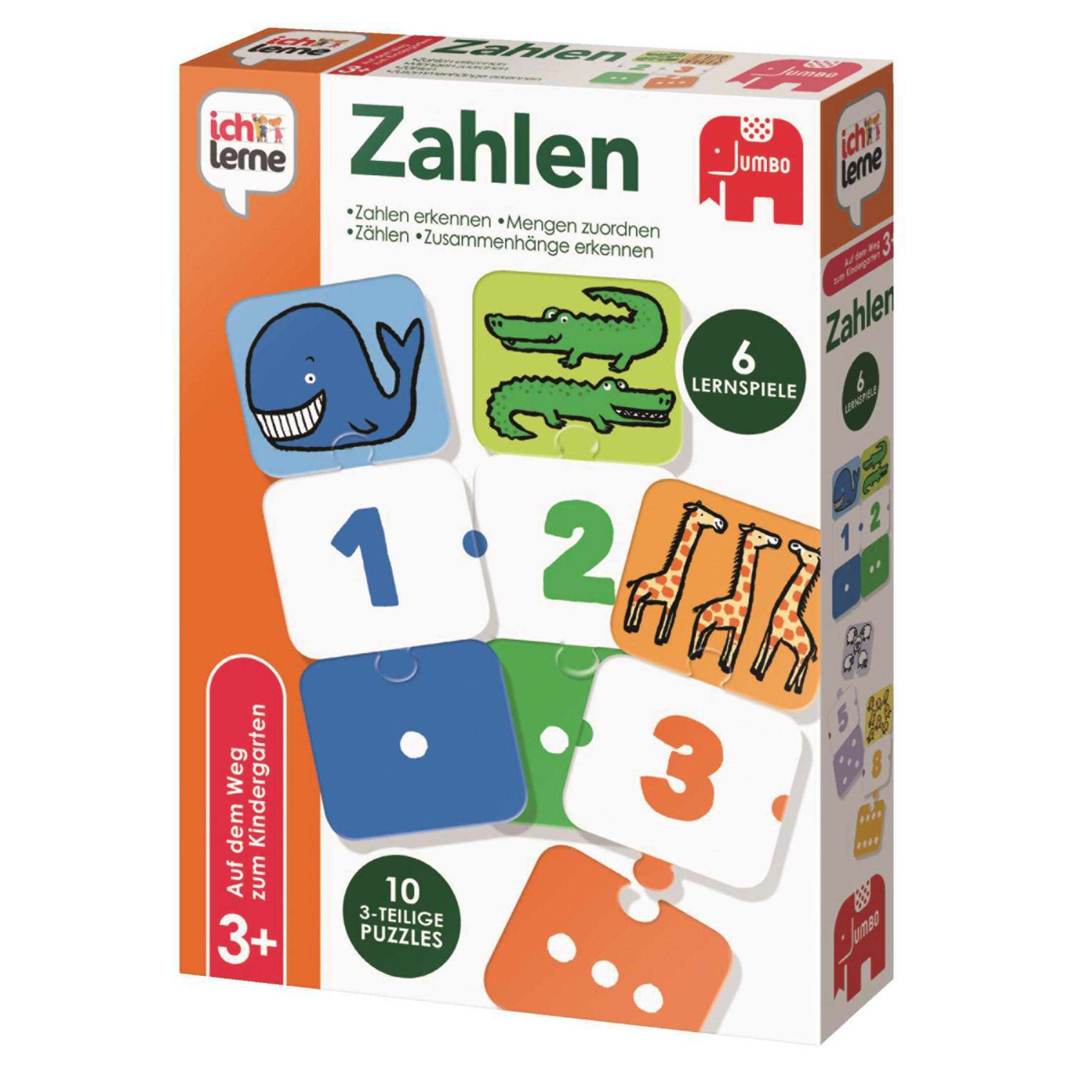 Una scatola di gioco con numeri e immagini di animali. Include puzzle e giochi didattici.