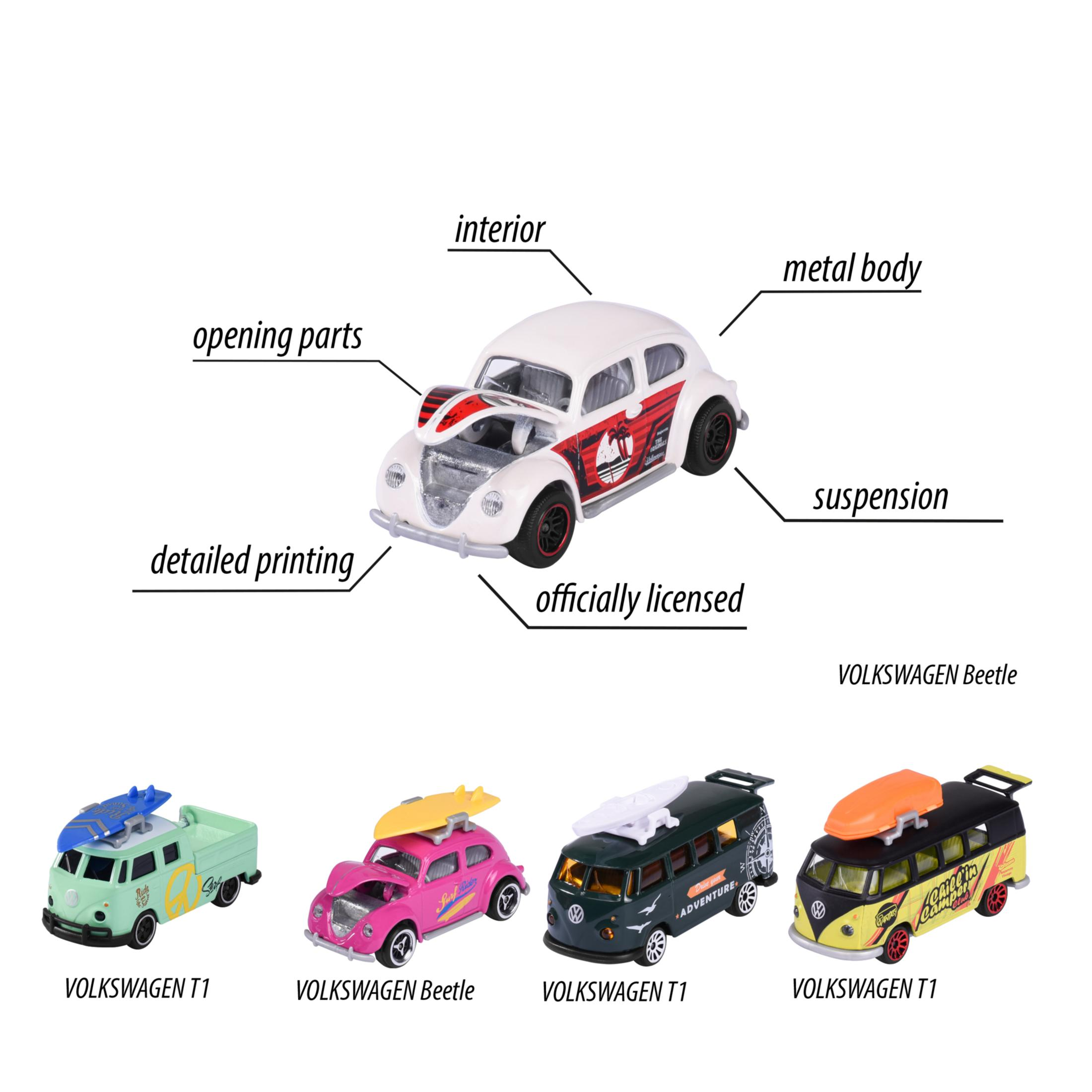 Spielzeugmodelle von Volkswagen Käfer und T1 mit Etiketten. Käfer ist weiß mit roten Akzenten. T1s sind grün, rosa und gelb.