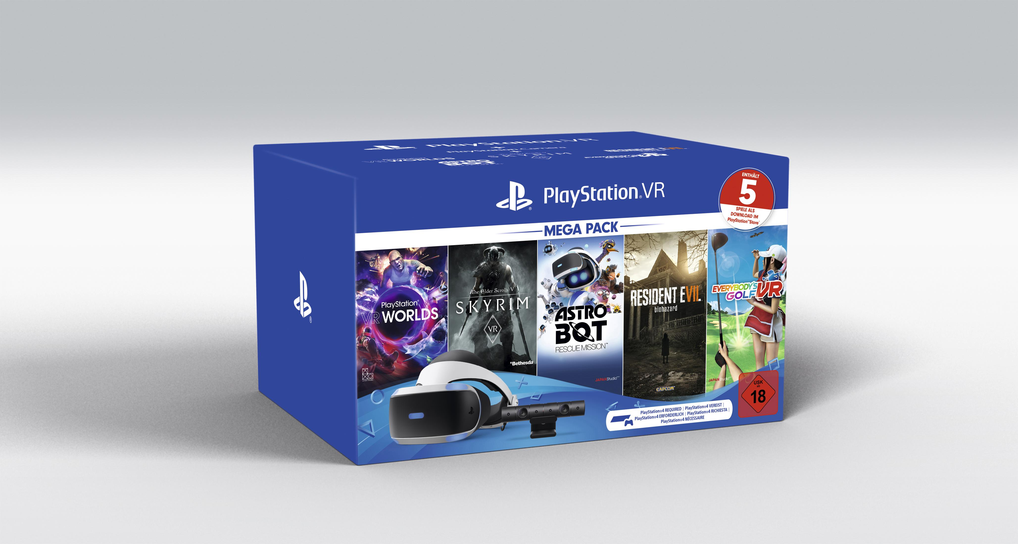 PlayStation VR Mega Pack Box mit VR-Headset, Spielen und Zubehör.