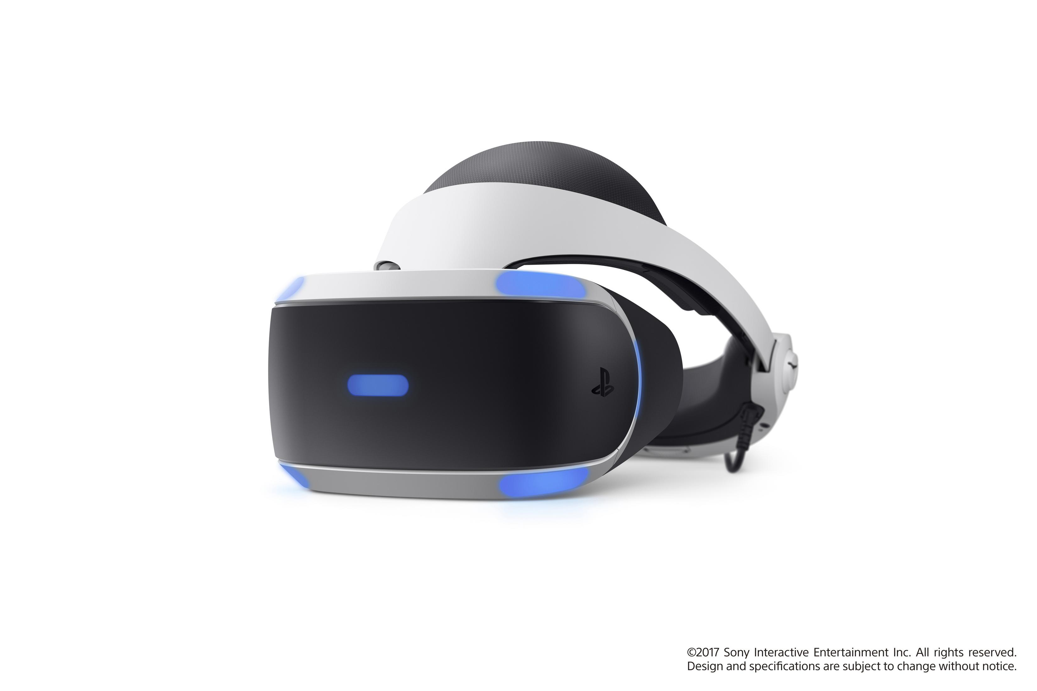 Ein PlayStation VR-Headset, weißes und schwarzes Design, mit blauen Lichtern vorne.
