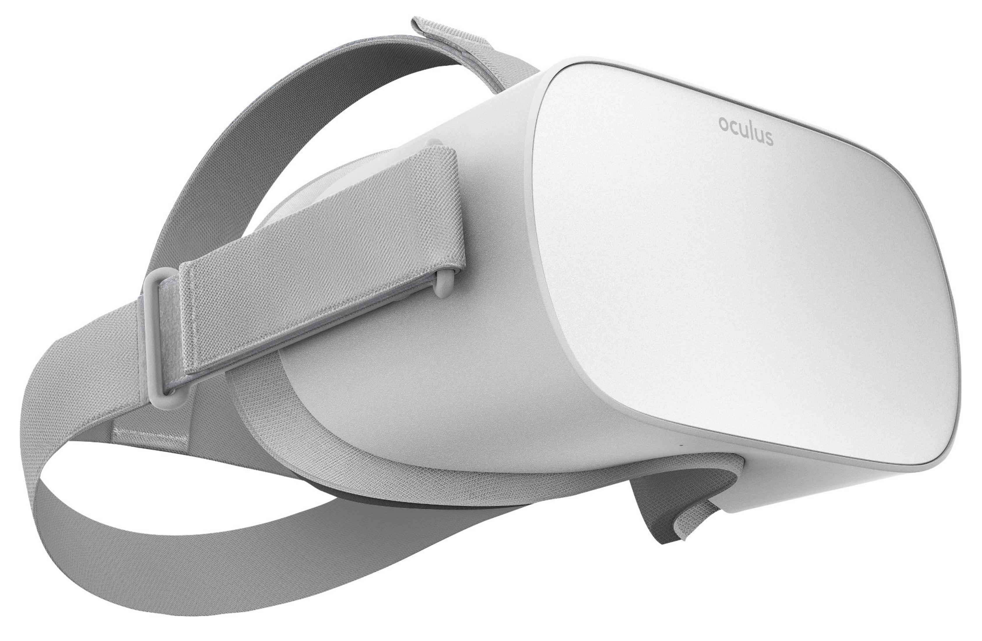 Weißes Oculus VR-Headset mit grauen Riemen und weißem Hintergrund.