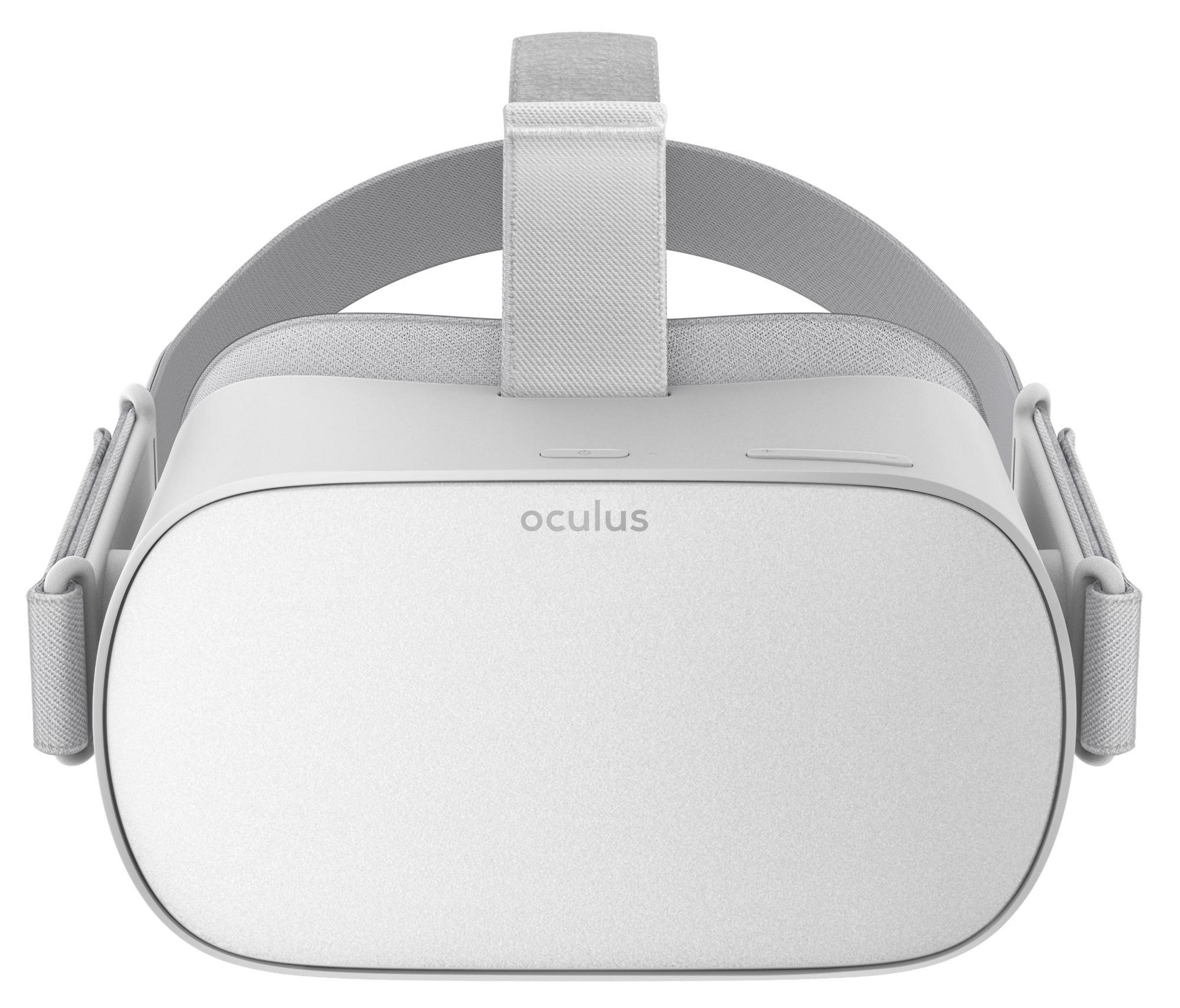 Weißes Oculus VR-Headset. Das Headset hat ein graues Band und das Wort 'oculus' steht darauf.