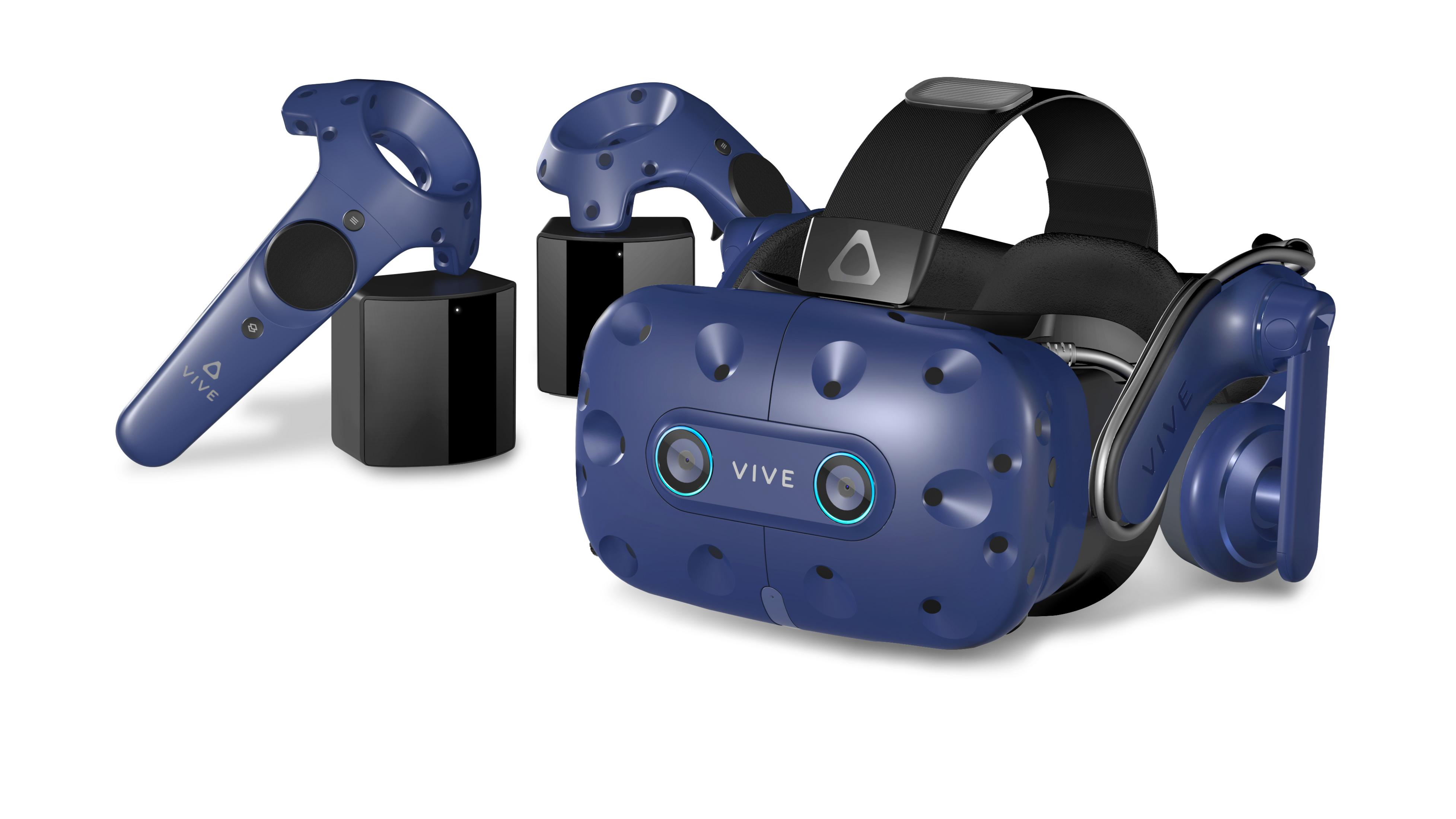 VR-Headset, Controller und Basisstationen. Headset und Controller sind marineblau.