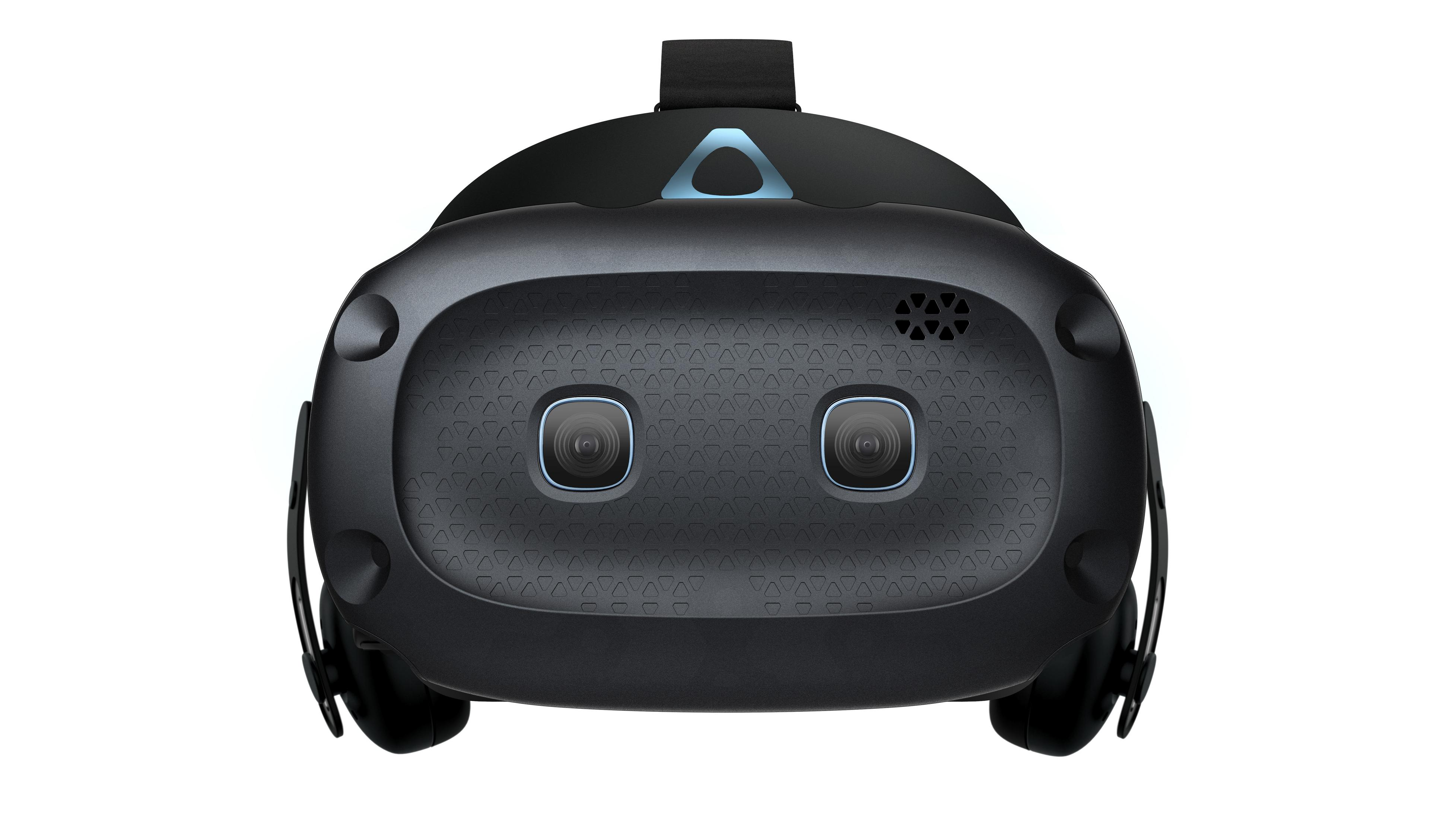 Eine schwarze VR-Brille mit zwei nach vorne gerichteten Linsen, einem schwarzen Riemen und einem grauen Gesicht.