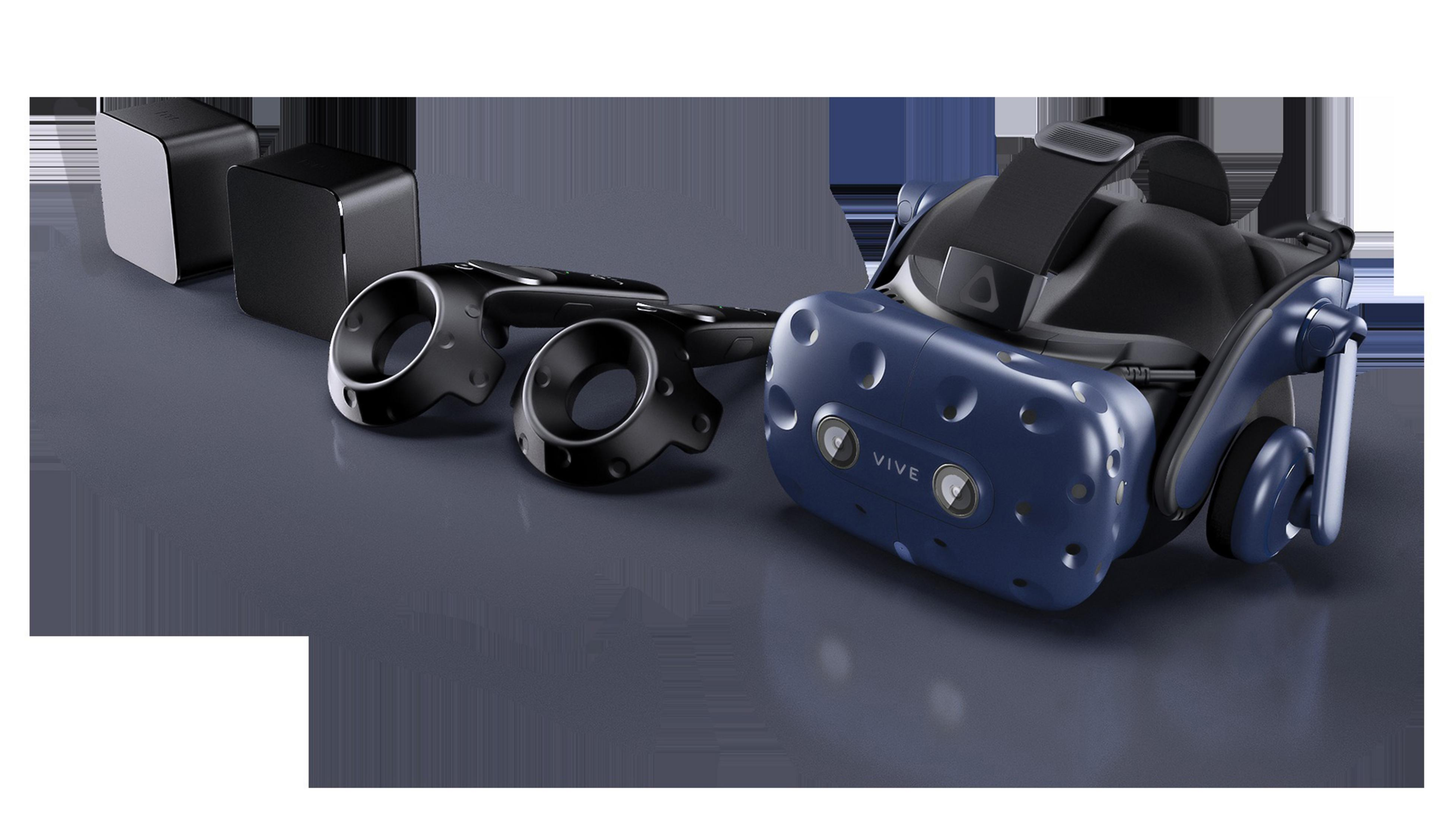 VR-Headset, Controller und Basisstationen. Das Headset ist blau. Die Artikel befinden sich auf dunkler Oberfläche.
