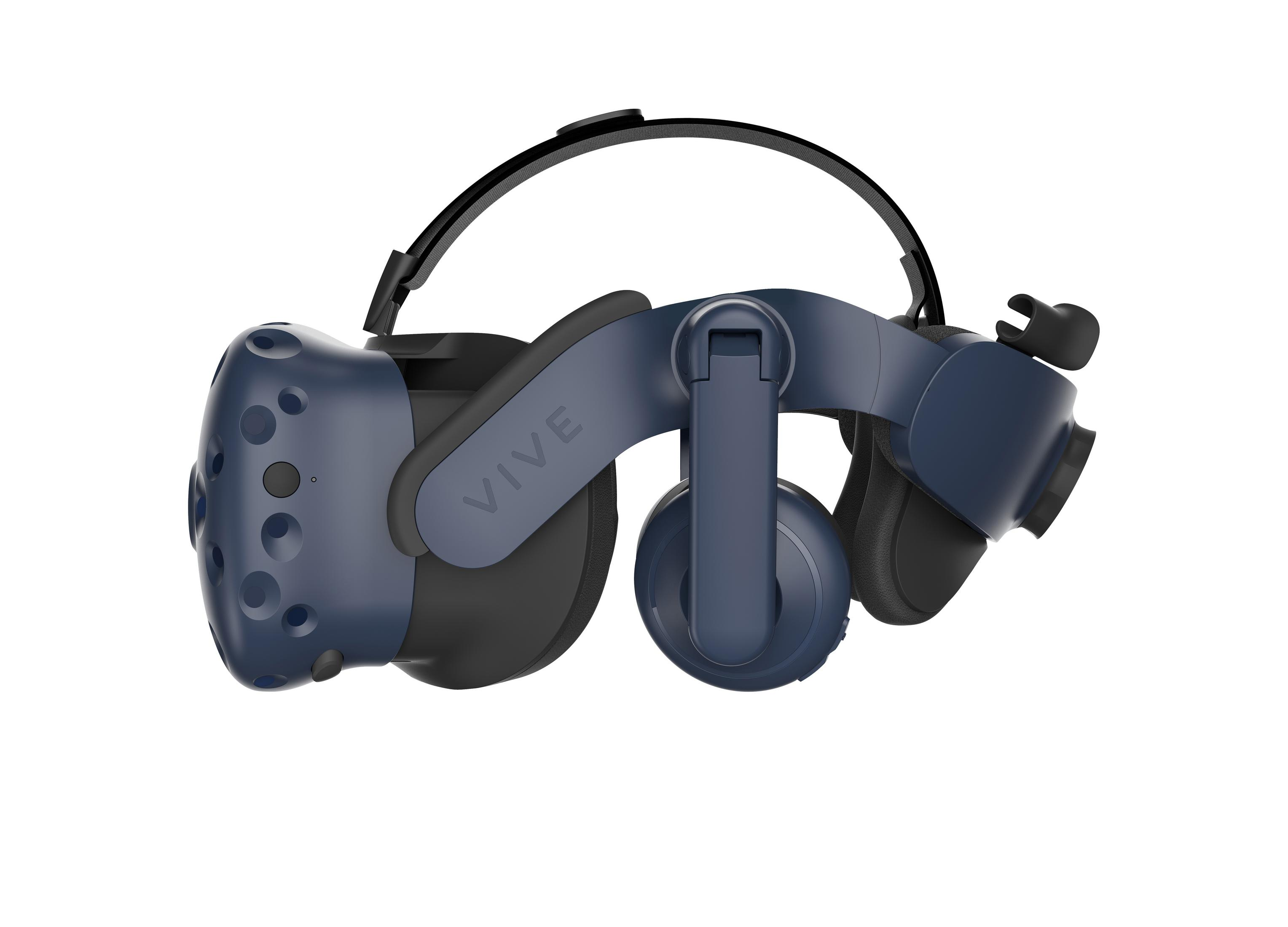 Ein dunkelblaues VR-Headset mit dem Wort VIVE darauf, aus einem seitlichen Winkel gesehen.