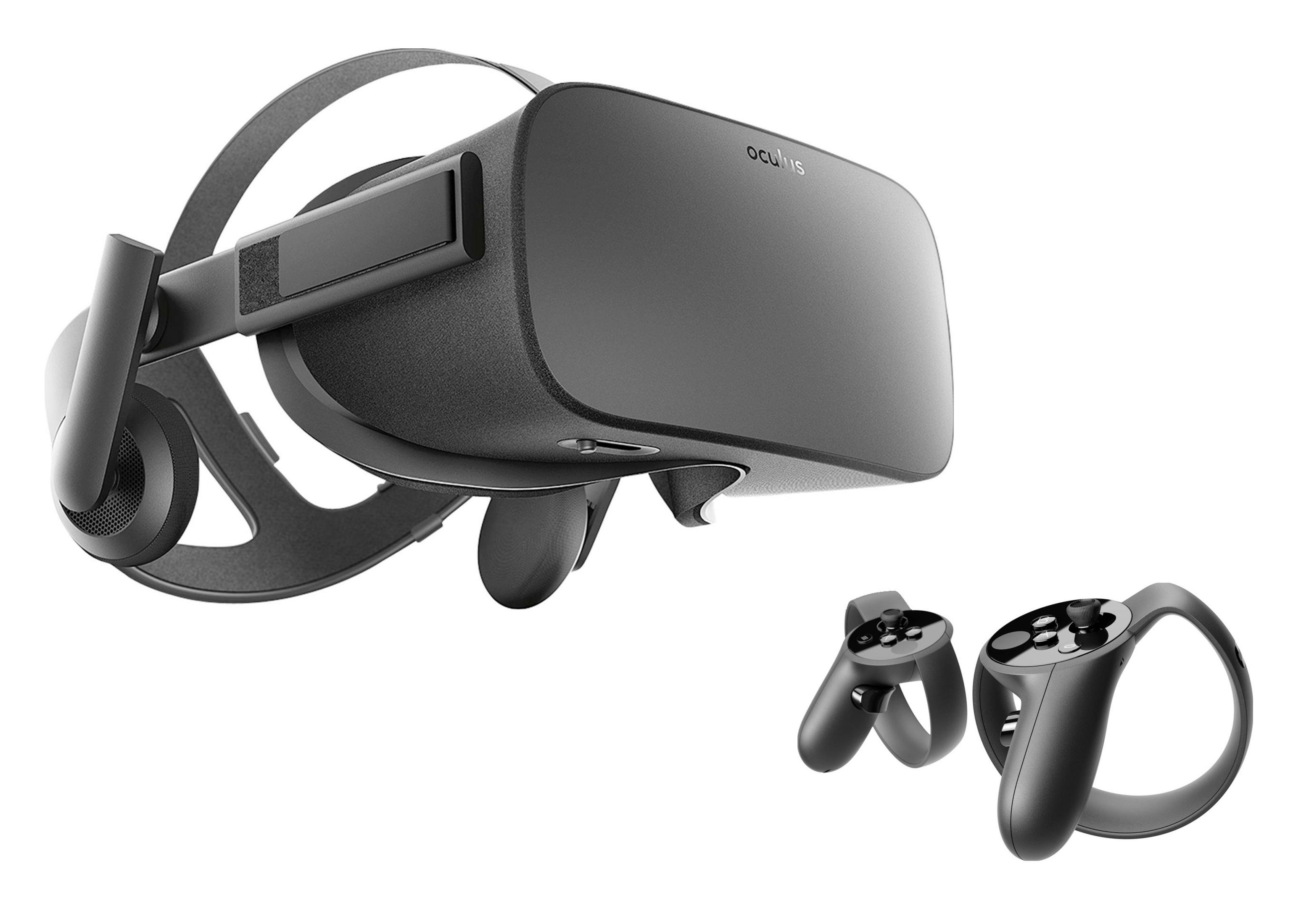 Ein schwarzes VR-Headset und zwei Controller. Das Headset befindet sich links mit Controllern davor.